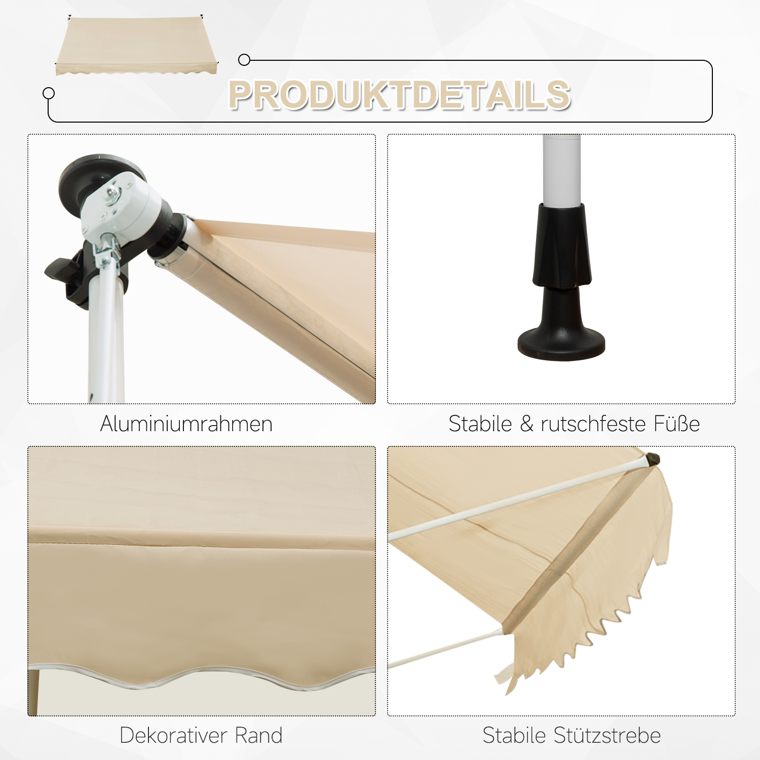 Klemmmarkise mit Handkurbel höhenverstellbar Gelenkarmmarkise schmutzabweisend, witterungsbeständig Balkonmarkise 150cm breit Terrassenmarkise für Terrasse Balkon Veranda Beige