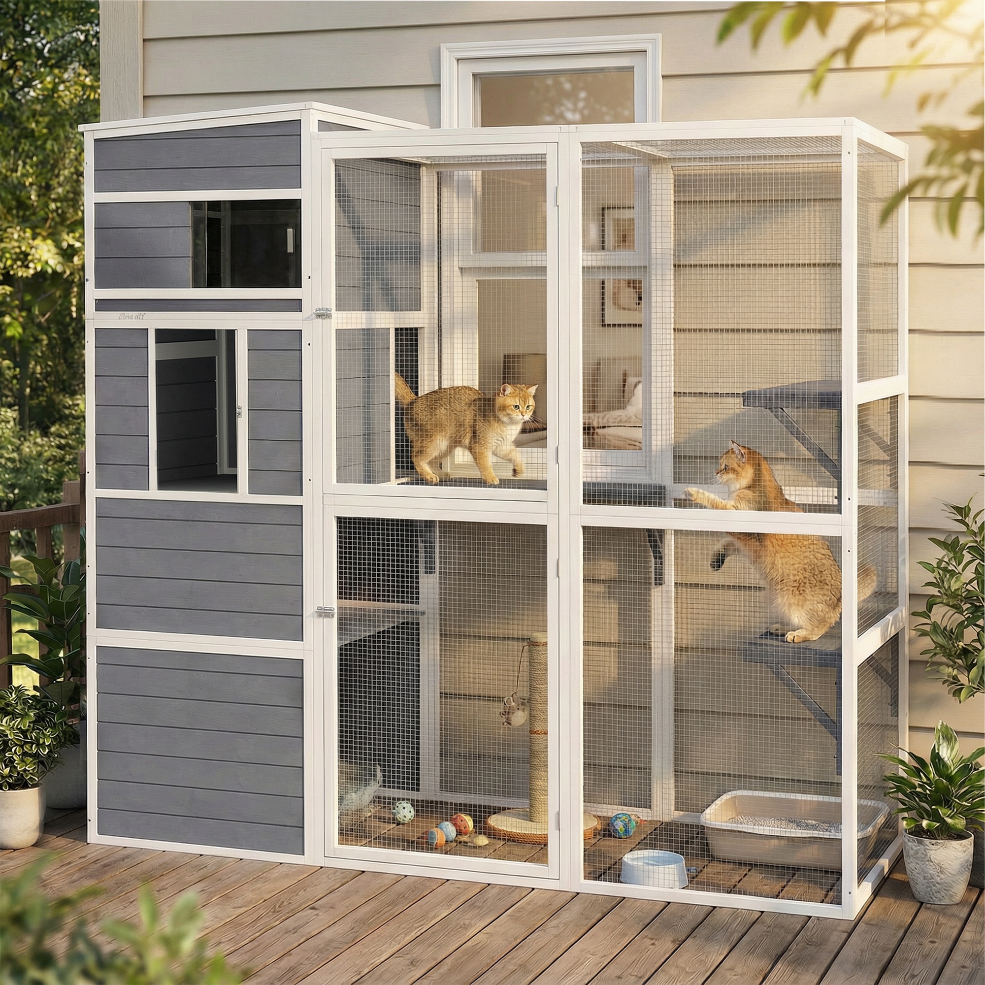 Katzengehege Outdoor Katzenhaus aus Holz mit 3 Plattformen wetterfest Dach Ruhebereich für 3-4 Katze bis 10 kg Grau