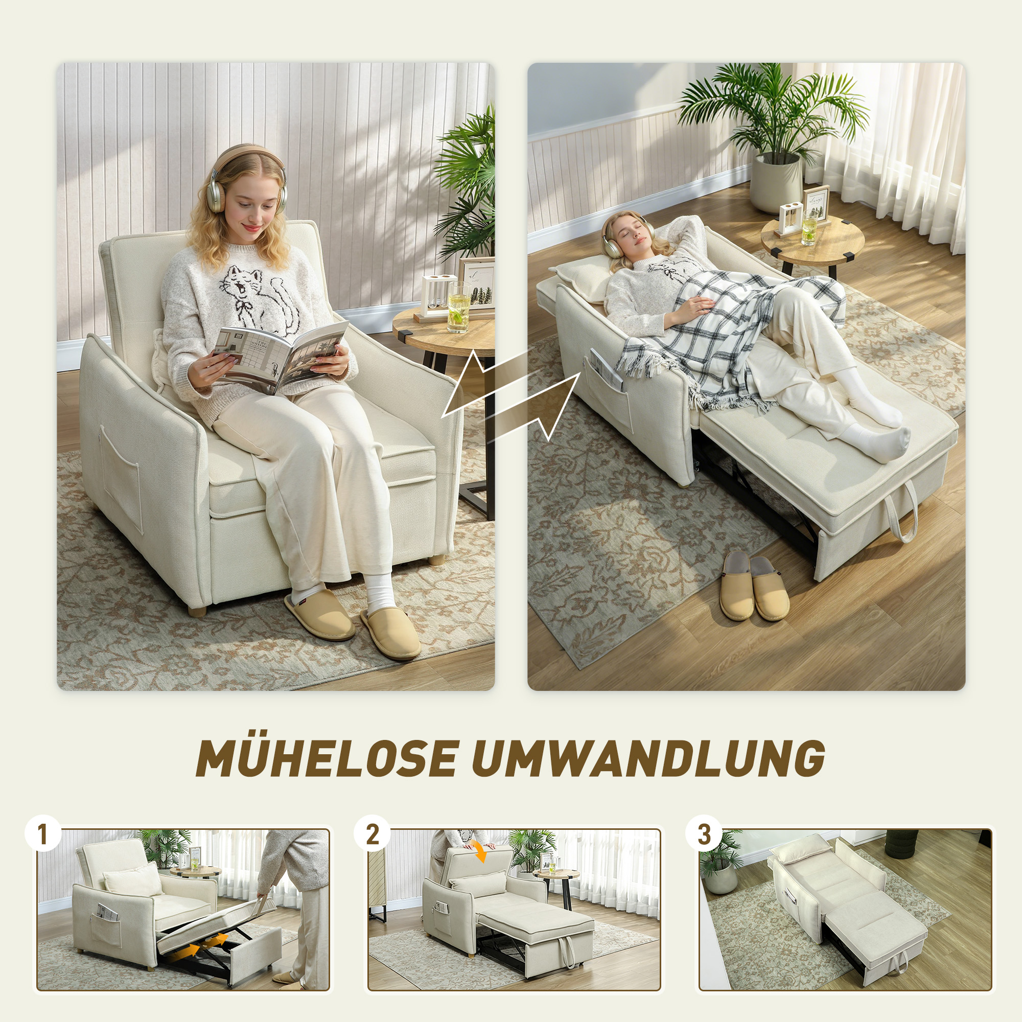 Schlafsessel 3 in 1 Umwandelbarer Sessel mit Bettfunktion, Lendenkissen, für Wohnzimmer Creme
