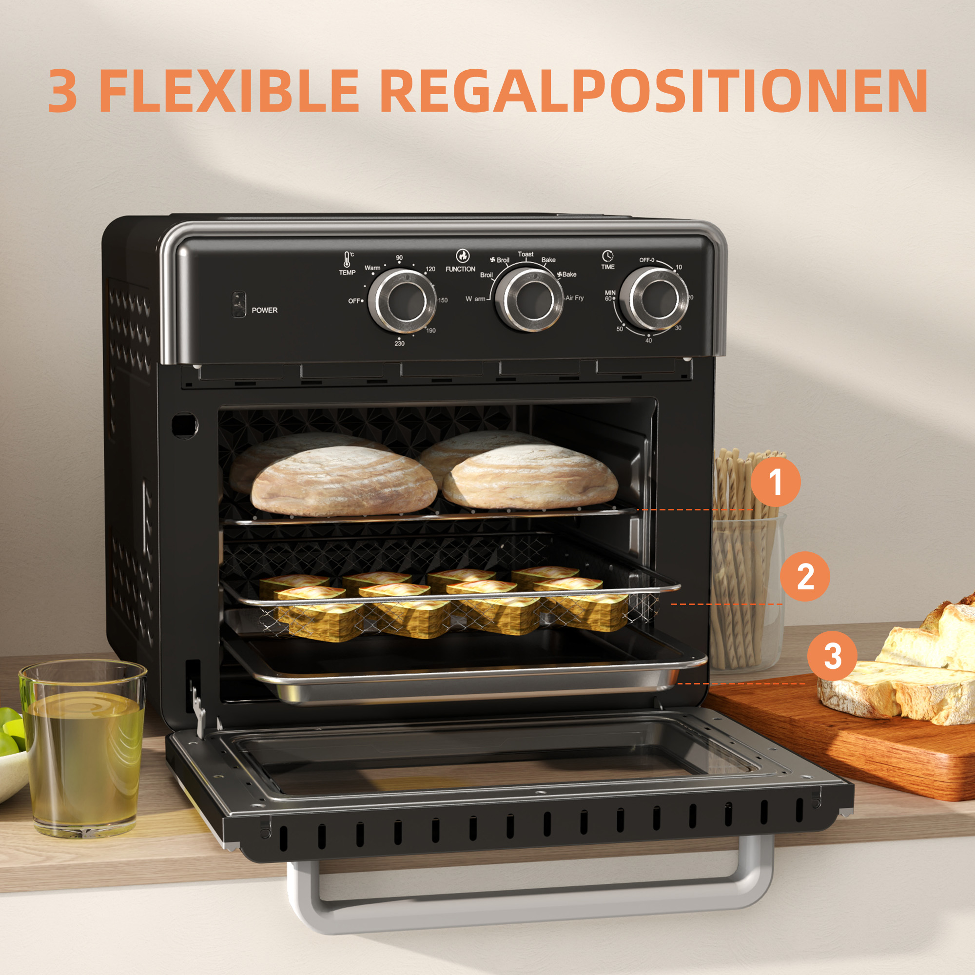 Minibackofen, 20L, 5 Funktionen, 360° Heißluft, Grillrost, Krümelblech, Schwarz