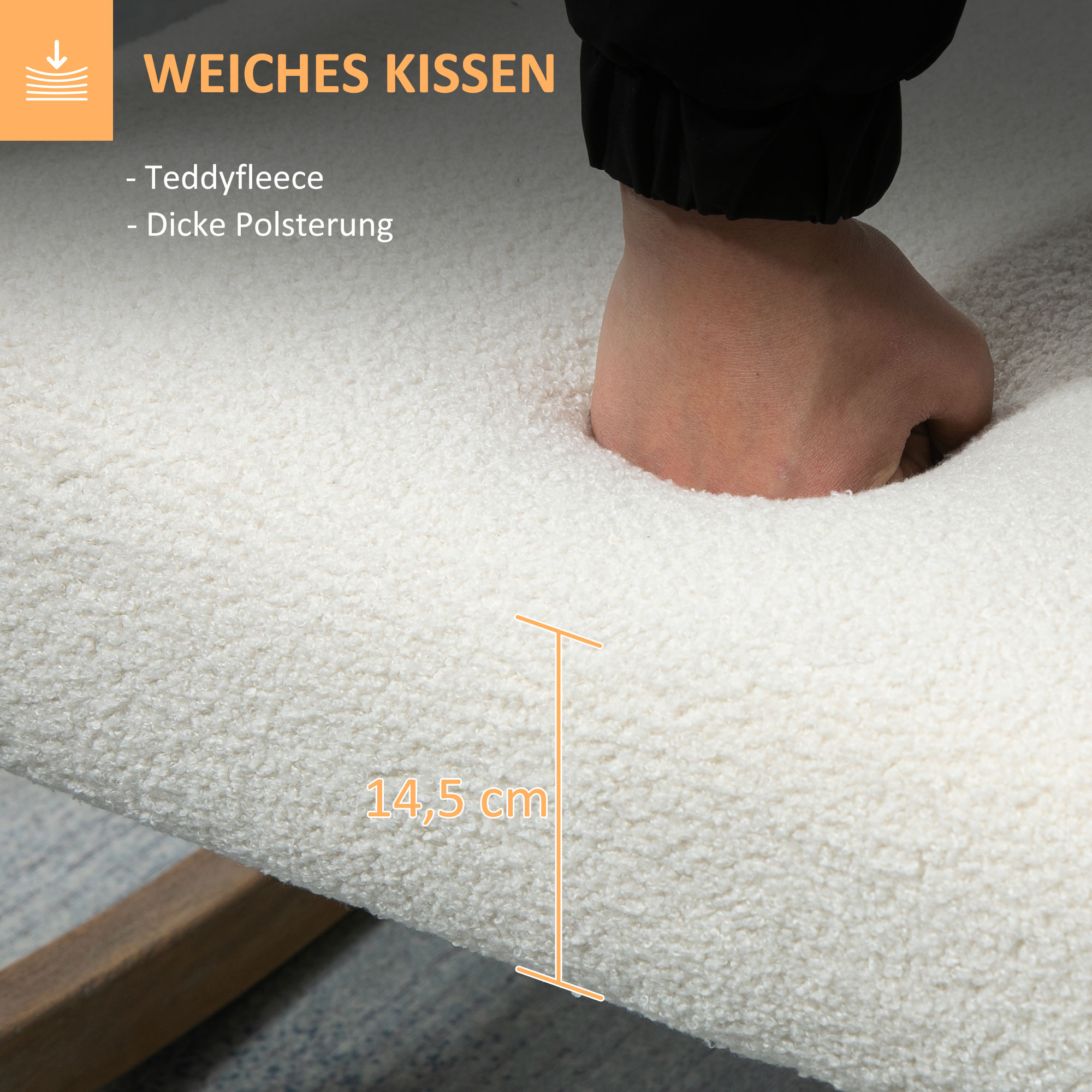 Schaukelstuhl mit Holzrahmen gepolstert Relax Stuhl Sessel Stuhl Wohnzimmersessel Lounge mit gepolsterter Sitzfläche Kautschukholz Cremeweiß 60 x 81 x 71 cm