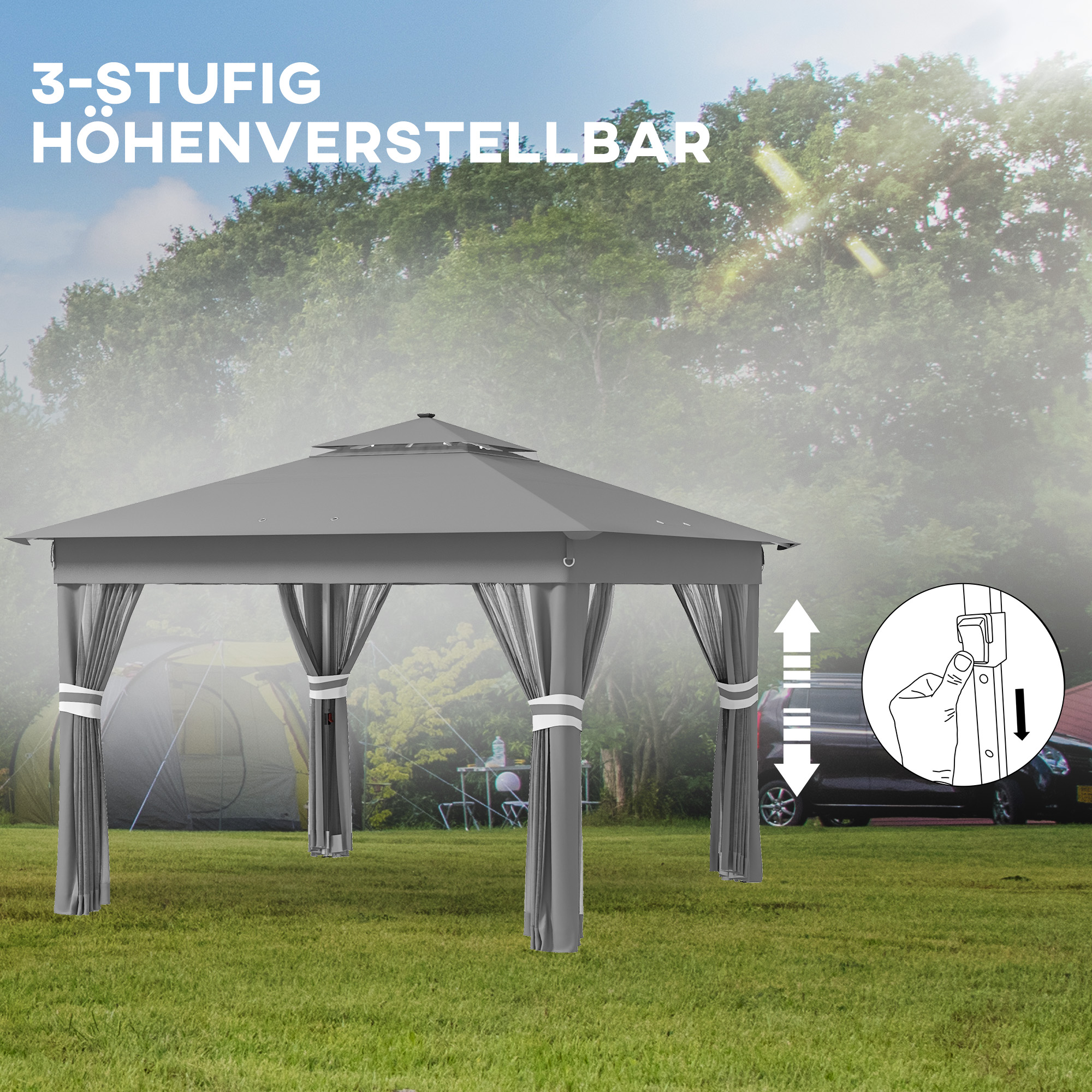 Gartenzelt mit solarbetriebenen LED´s Gartenzelt mit Beleuchtung, 336 cm x 336 cmx 270 cm, Grau
