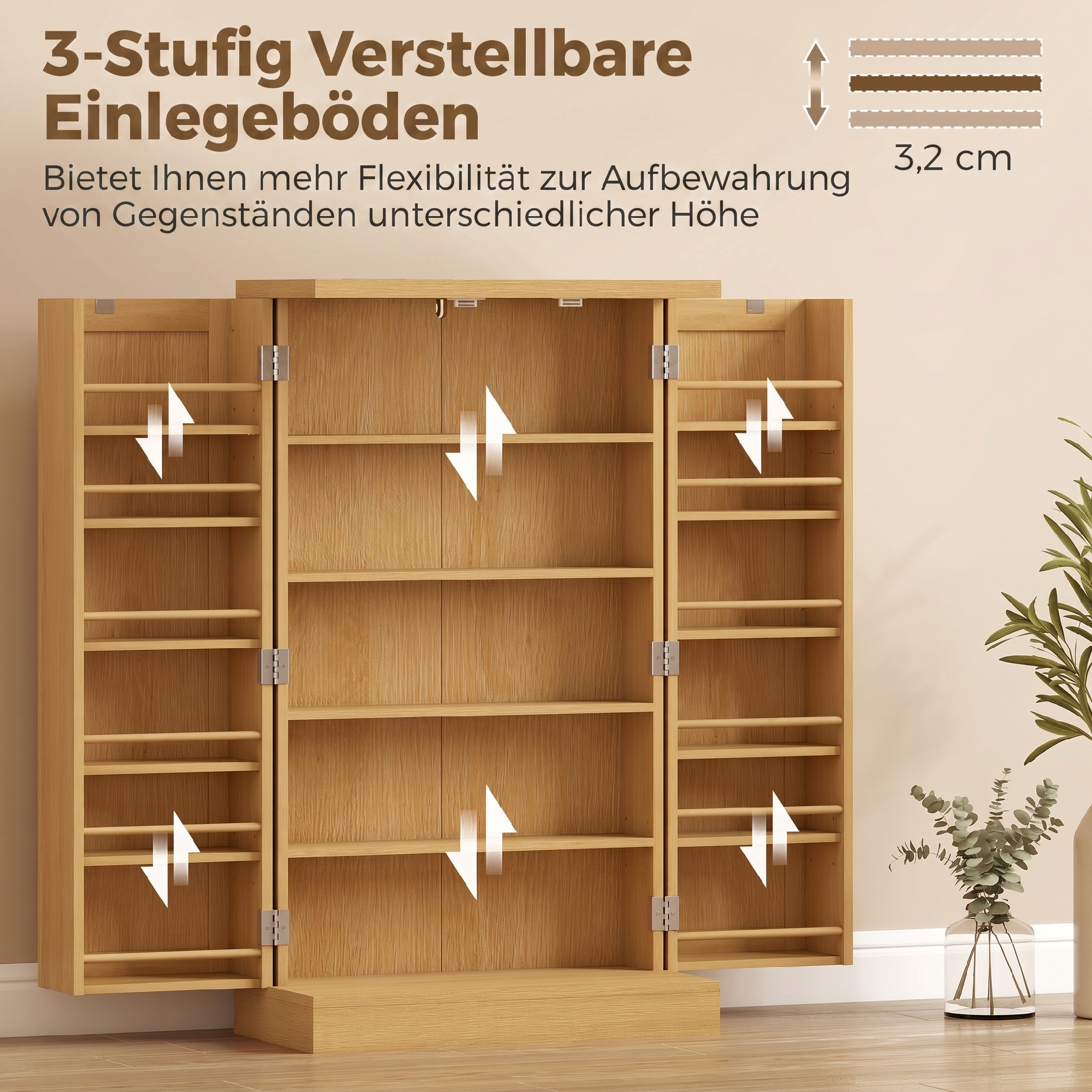 104 cm Rattan-Küchenschrank mit 5-stufigem Regal, 12 Gewürzfächern und verstellbaren Böden, Natur