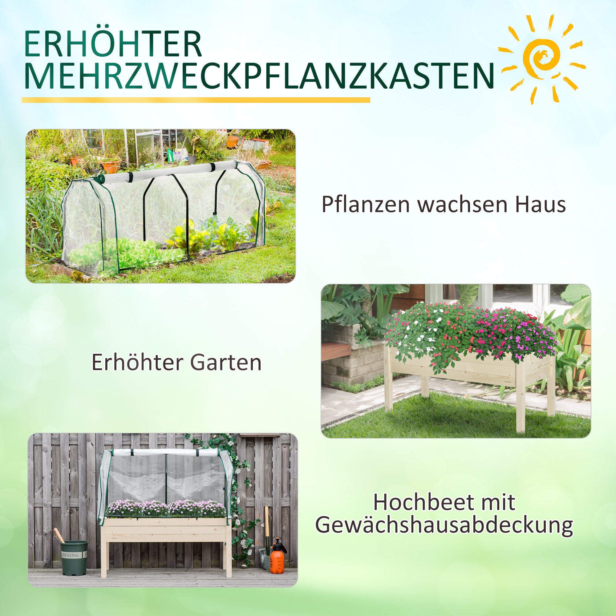 Hochbeet, aufrollbare Folienabdeckung, Naturholzrahmen, Stoffauskleidung, Drainageöffnungen, 121 x 55 x 117cm