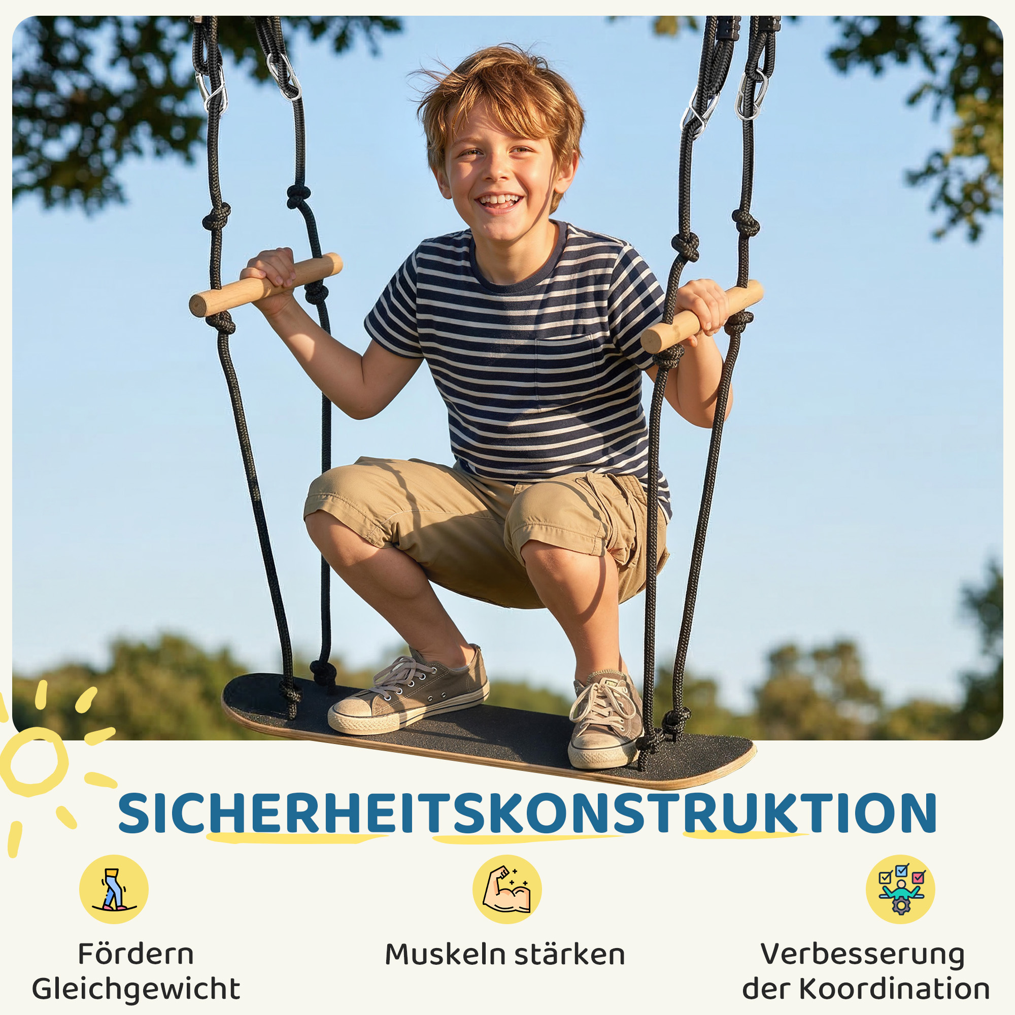 Skateboard Schaukel Kinderschaukel mit verstellbarer Höhe, rutschfestem Brett, wetterfestem Seil, Griffen Schwarz