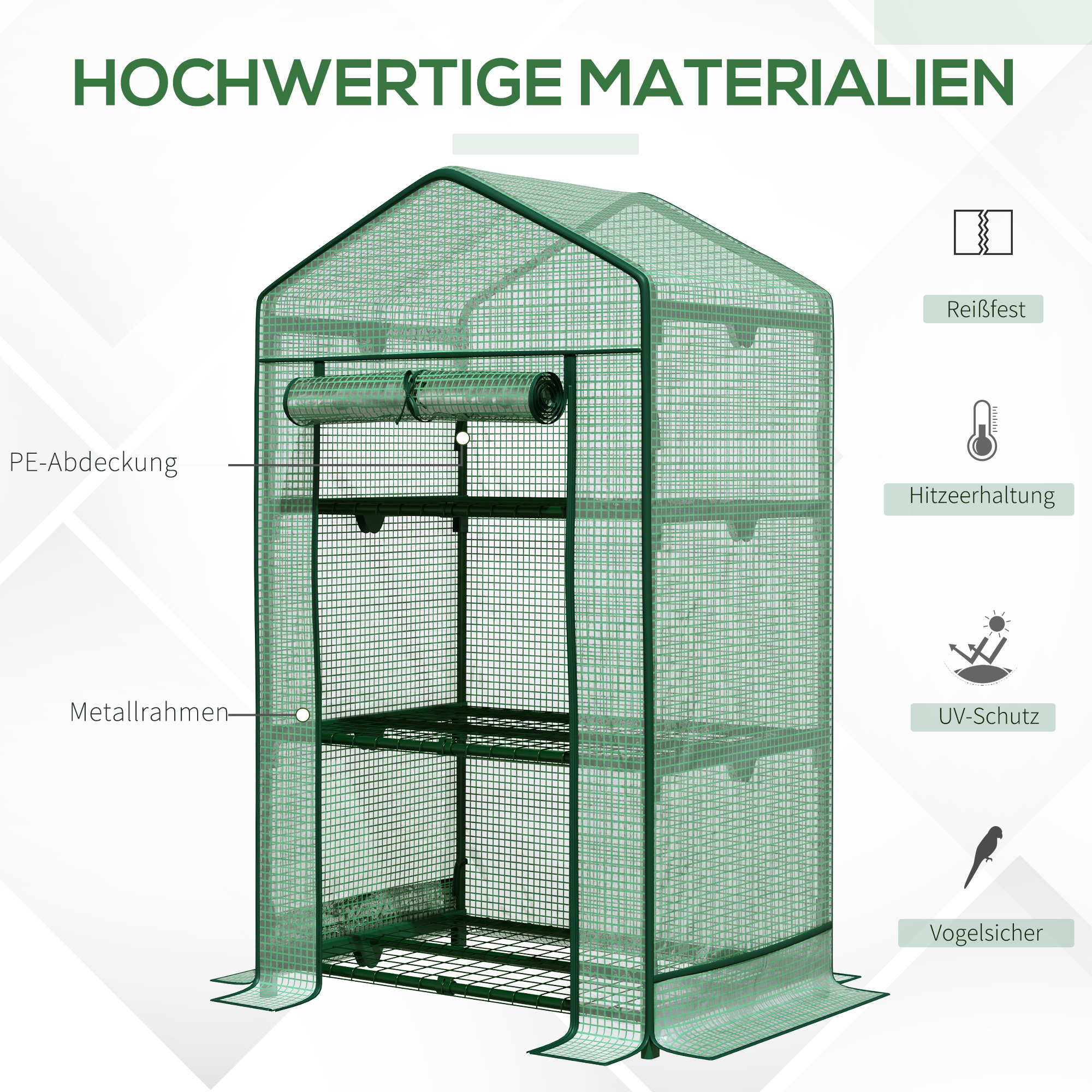 Mini-Gewächshaus Anzuchtgewächshaus mit Folienabdeckung und 3 Regalböden Regale Rolltür Gemüsebeet