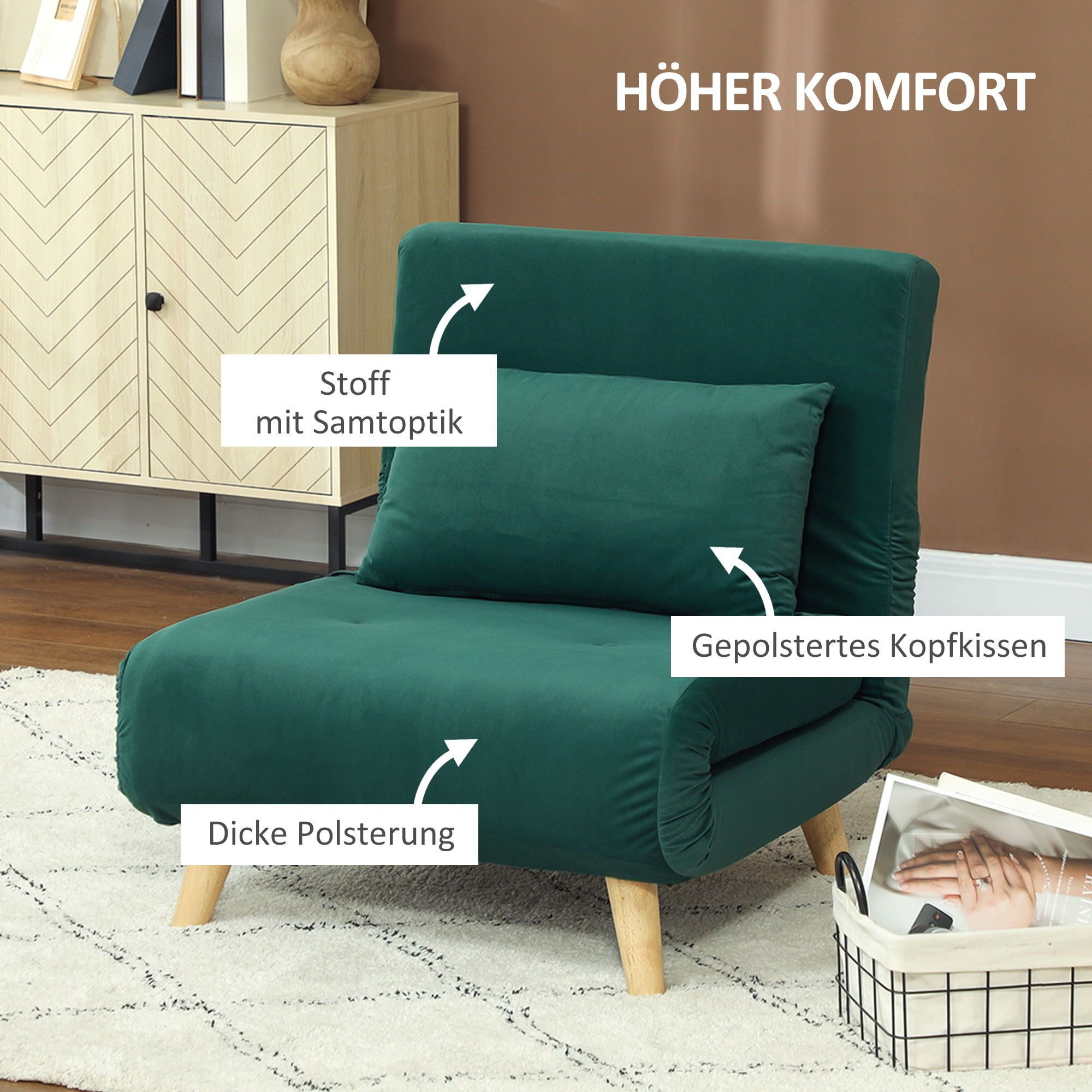3-in-1 Schlafsessel, Klappsessel mit Schlaffunktion, verstellbare Click-Clack-Rückenlehne, Dunkelgrün
