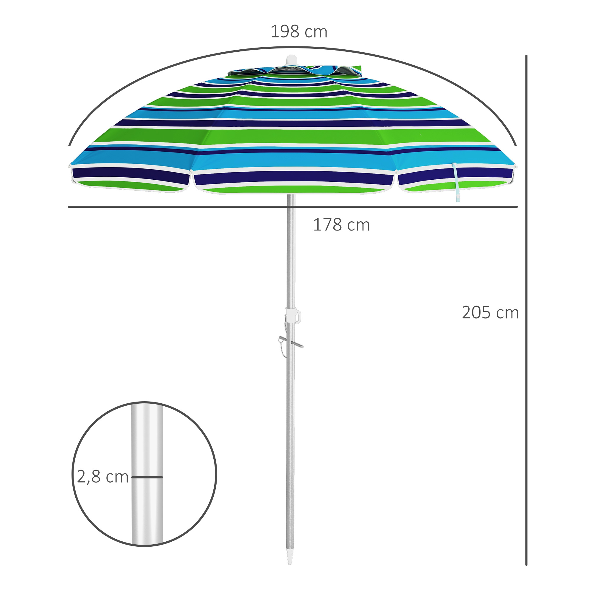 Sonnenschirm Strand Ø178 cm UV40+ windfest stabil höhenverstellbar Strandschirm mit Neigung Belüftung Tasche Mehrfarbig