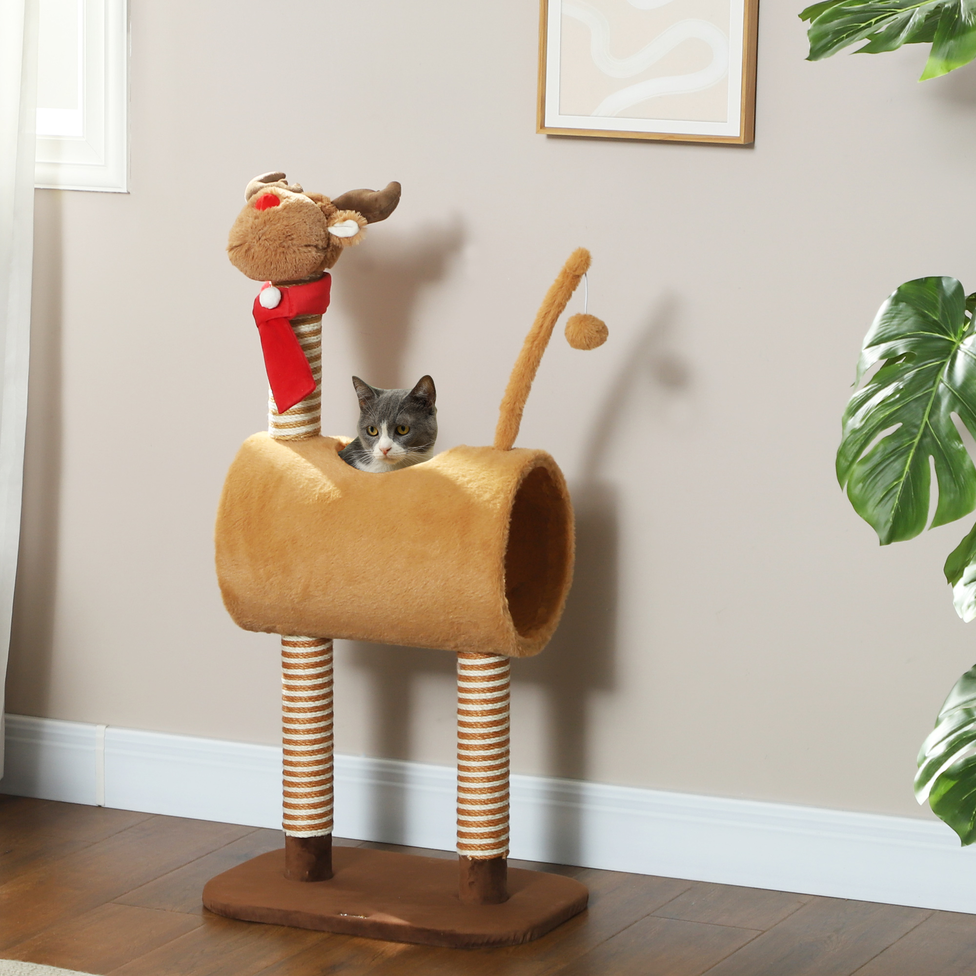 Kratzbaum 98 cm Katzenturm im Hirschdesign, mit Höhle, Spielball, Jutestämme Braun