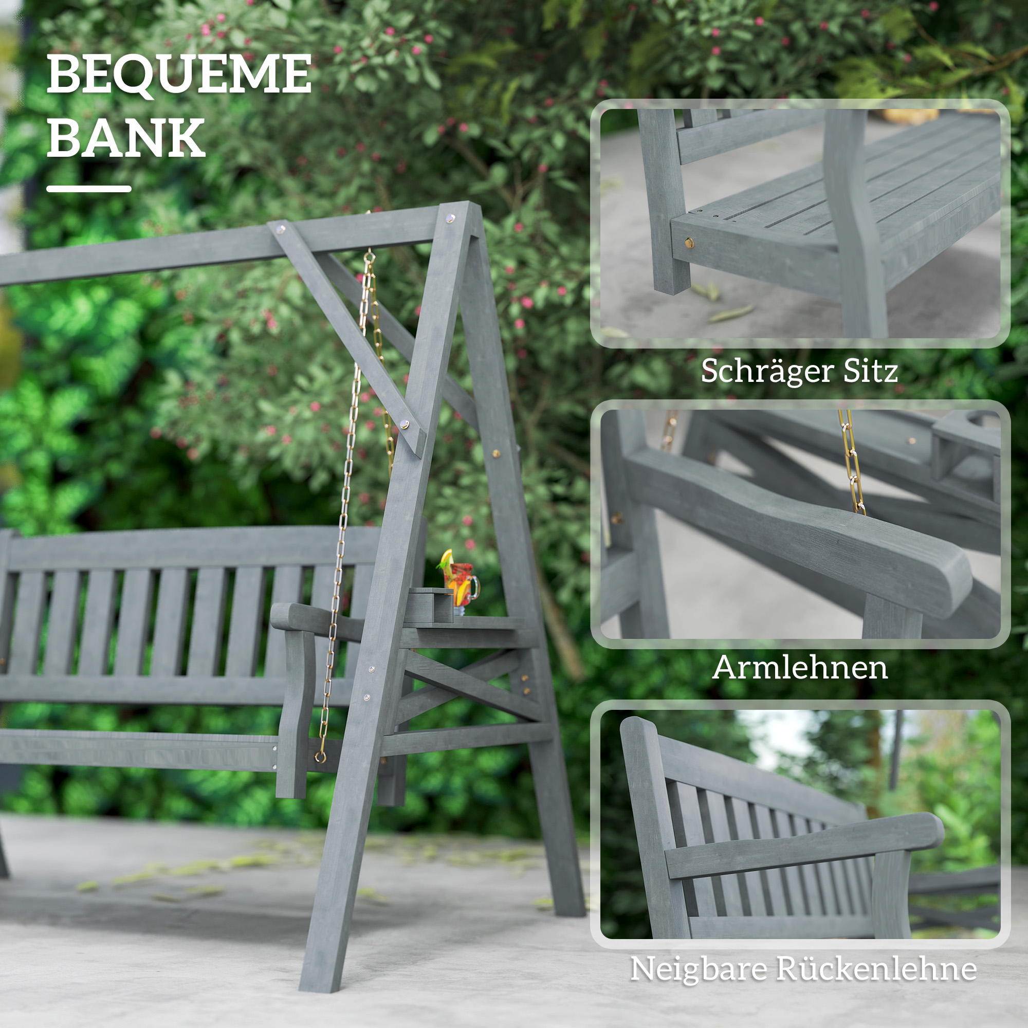 2-Sitzer Gartenschaukel, Holzschaukelbank mit Ablagen, Getränkehalter und Metallketten, Grau