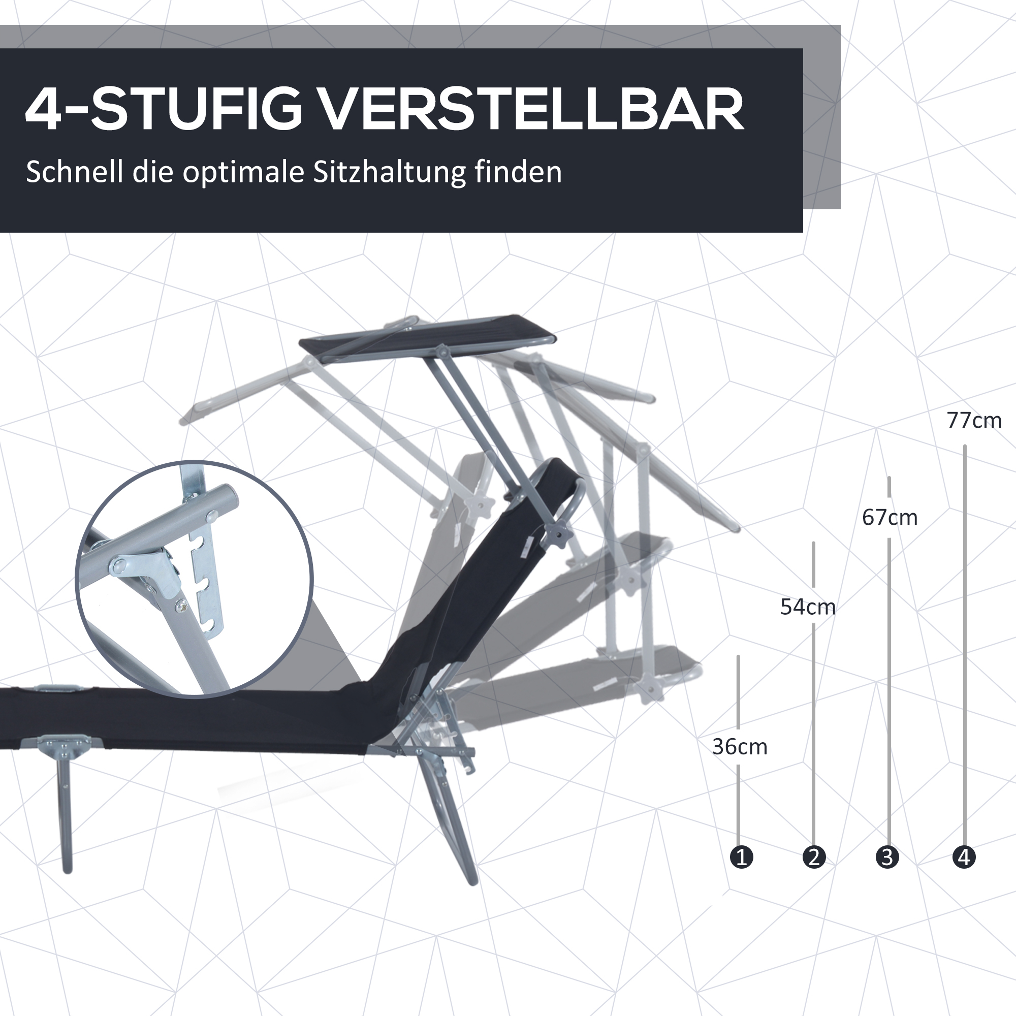Sonnenliege klappbar Gartenliege mit Sonnenschutz Liegestuhl mit 4-Fach verstellbare Rückenlehne Campingliege bis 120kg belastbar für Garten, Balkon und Pool geeignet, 6 Farben(Schwarz )