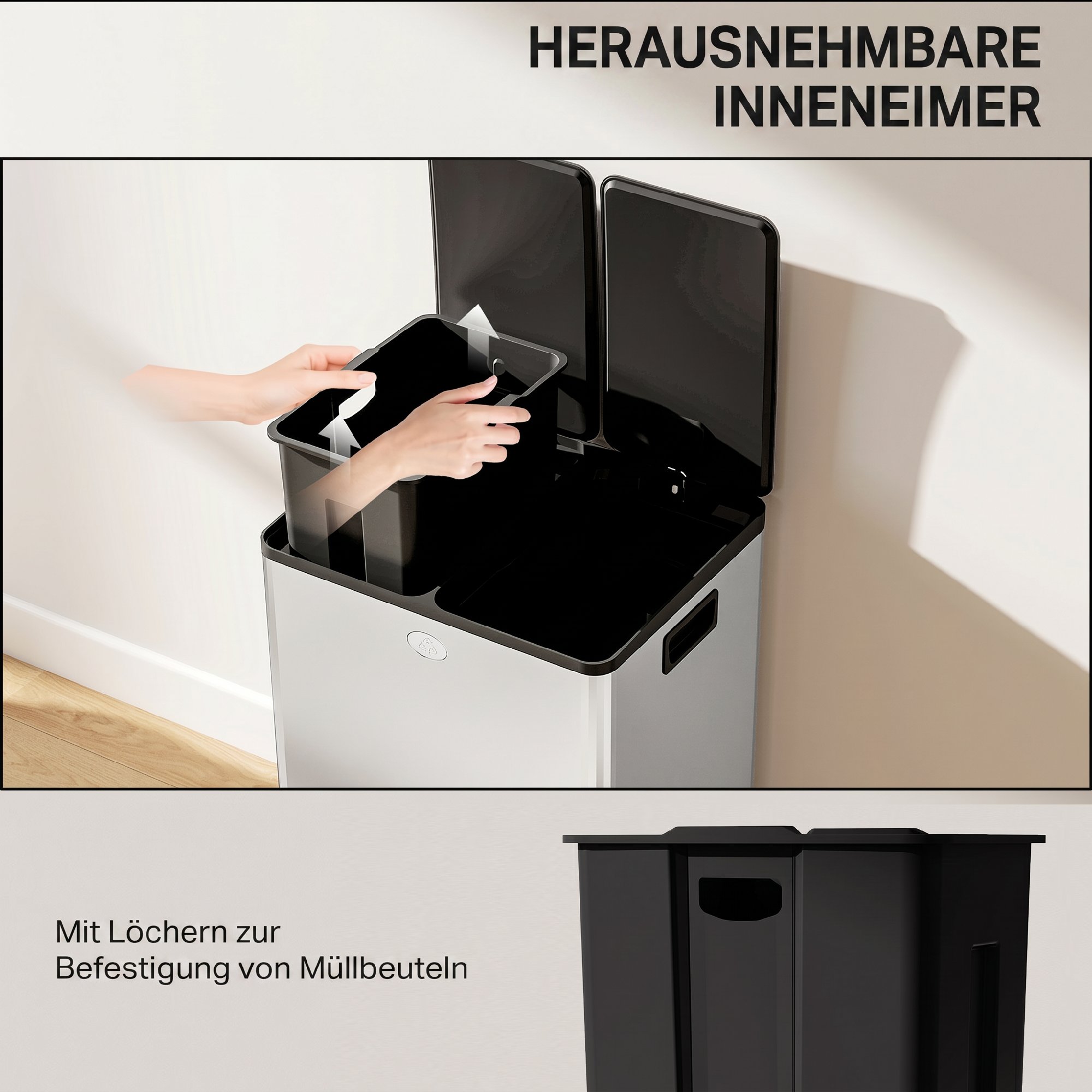 2 x 28 L Doppelmülleimer, Pedalöffnung, leicht zu reinigen, Edelstahl, Kunststoff, Silber