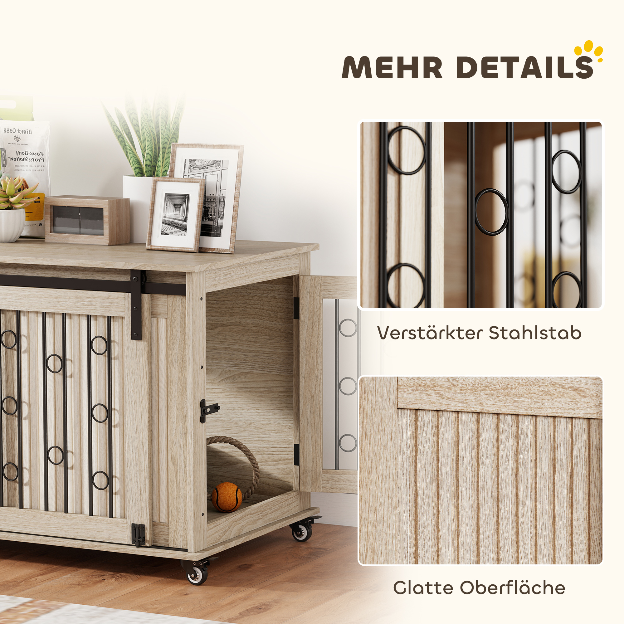 Hundebox auf Rädern, Schiebetür, 100 x 56 x 65 cm, Holz, Stahl