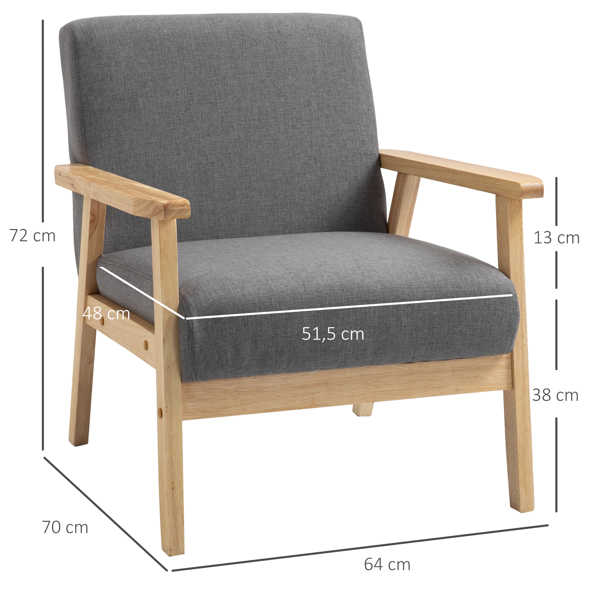 Sessel im Skandi-Design, Akzentsessel, Massivholz, Leinenoptik, 64 cm x 70 cm x 72 cm, Grau + Natur