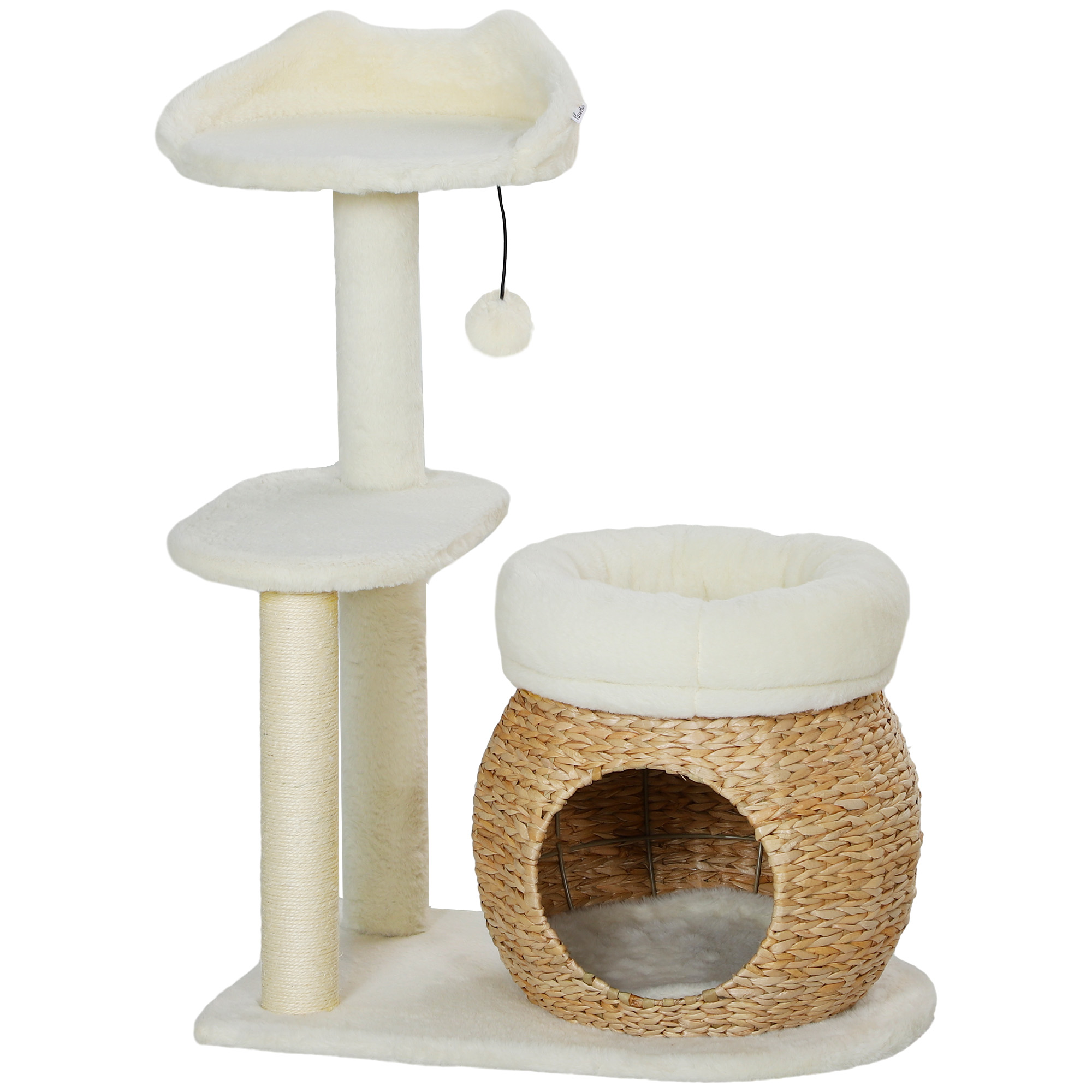 Kratzbaum mit Katzenhöhle, Spielball und Plattform, Schilfrohr/Sisal, bis 10 kg, 60 x 40 x 79 cm, Cremeweiß