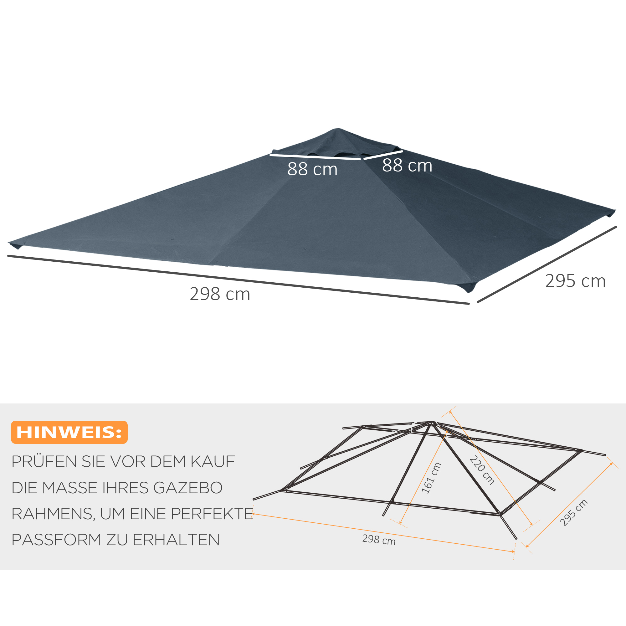 Ersatzdach für Gartenpavillon, Polyester, 2,98 x 2,95 m, Dunkelgrau