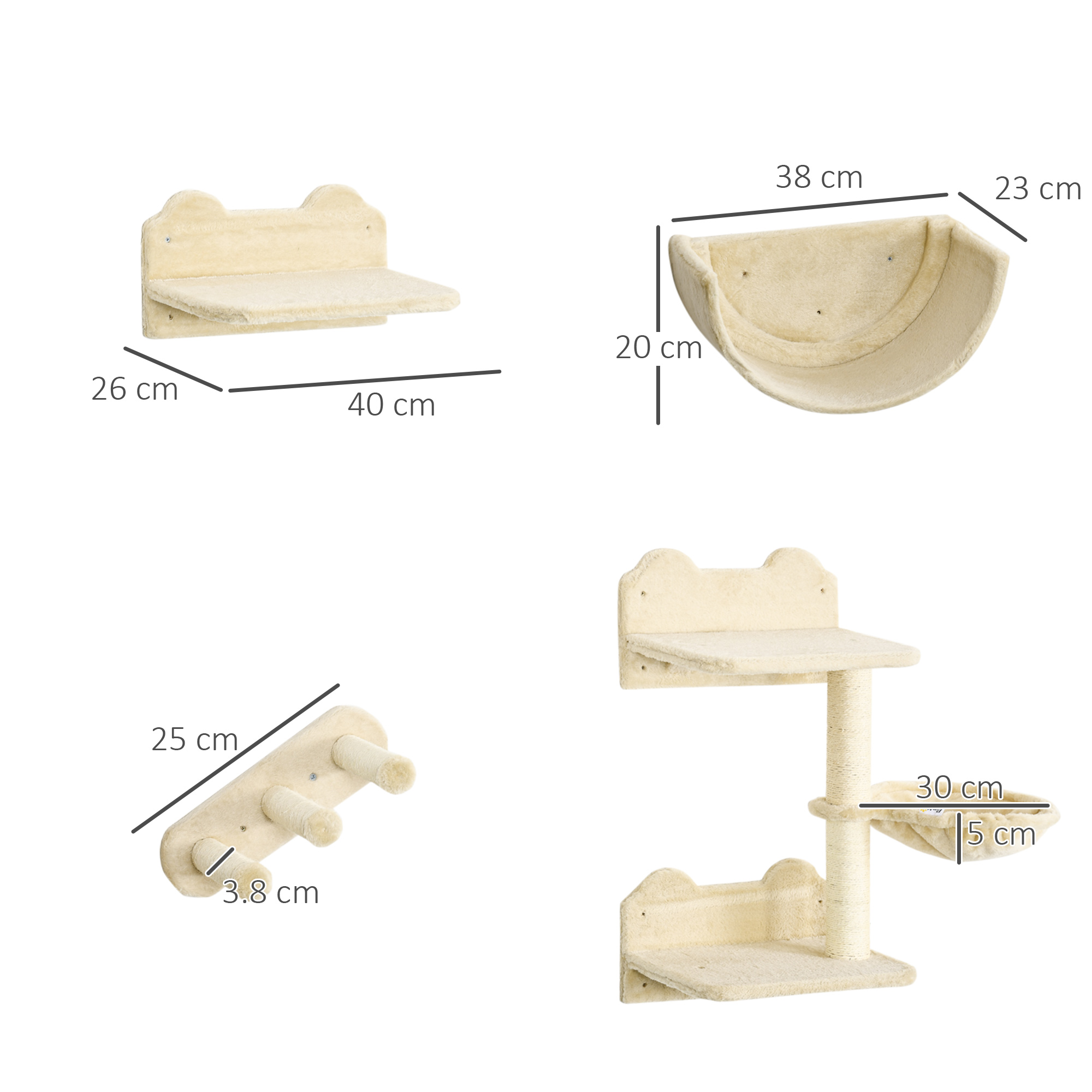 Kletterwand-Set für Katzen, 4-teilig, mit Katzentreppe, Hängematte, Plattform und Kratzbaum, Beige