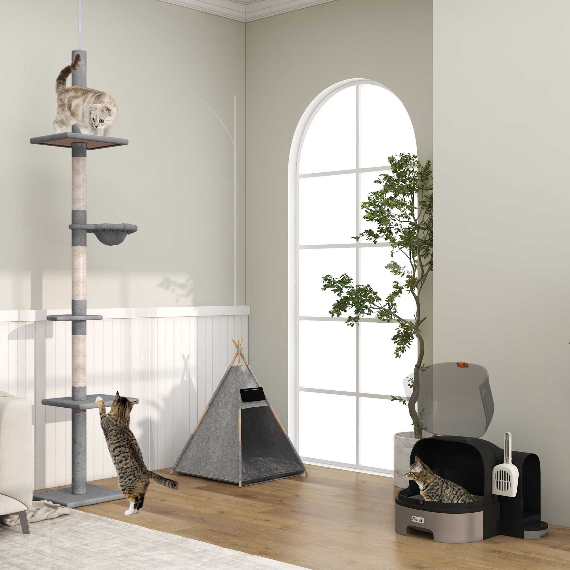 Kratzbaum Deckenhoch höhenverstellbar, stabiler Katzenbaum mit Sisalsäulen, Katzen Kletterbaum, Grau, 40 x 34 x 230-260 cm