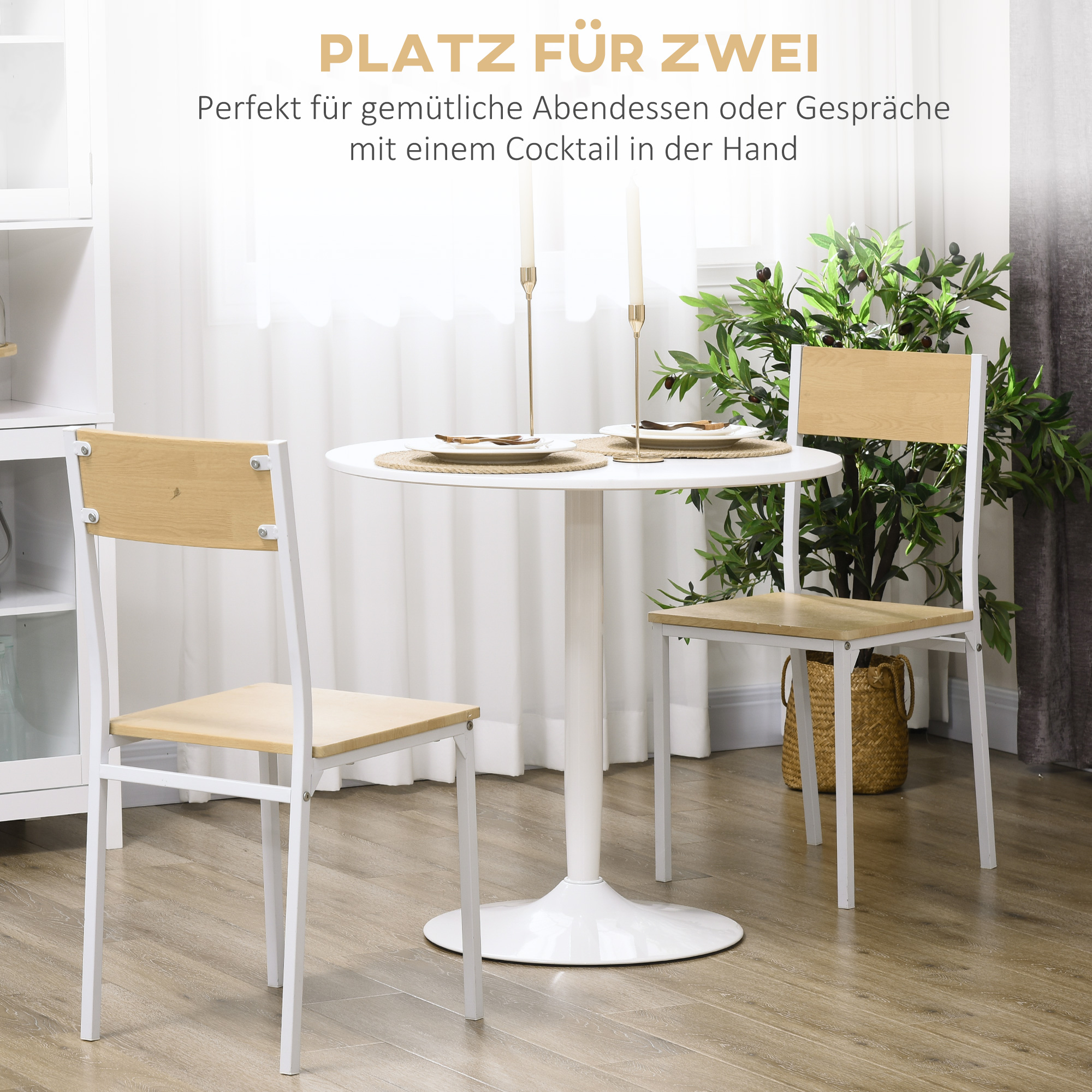 Esstisch für 2 Personen, runde Tischplatte Ø80 cm, MDF und Stahl, rutschfest, Weiß, 75H cm