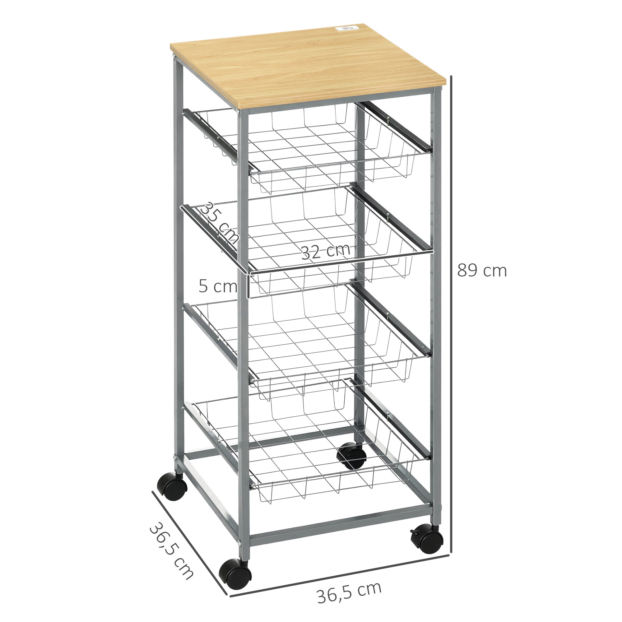 Küchenwagen Rollwagen mit 4 Ebenen Küchenregal mit Metallkörben, Allzweckwagen auf Rollen, Aufbewahrungswagen für Küche Bad Büro Wohnzimmer Silber