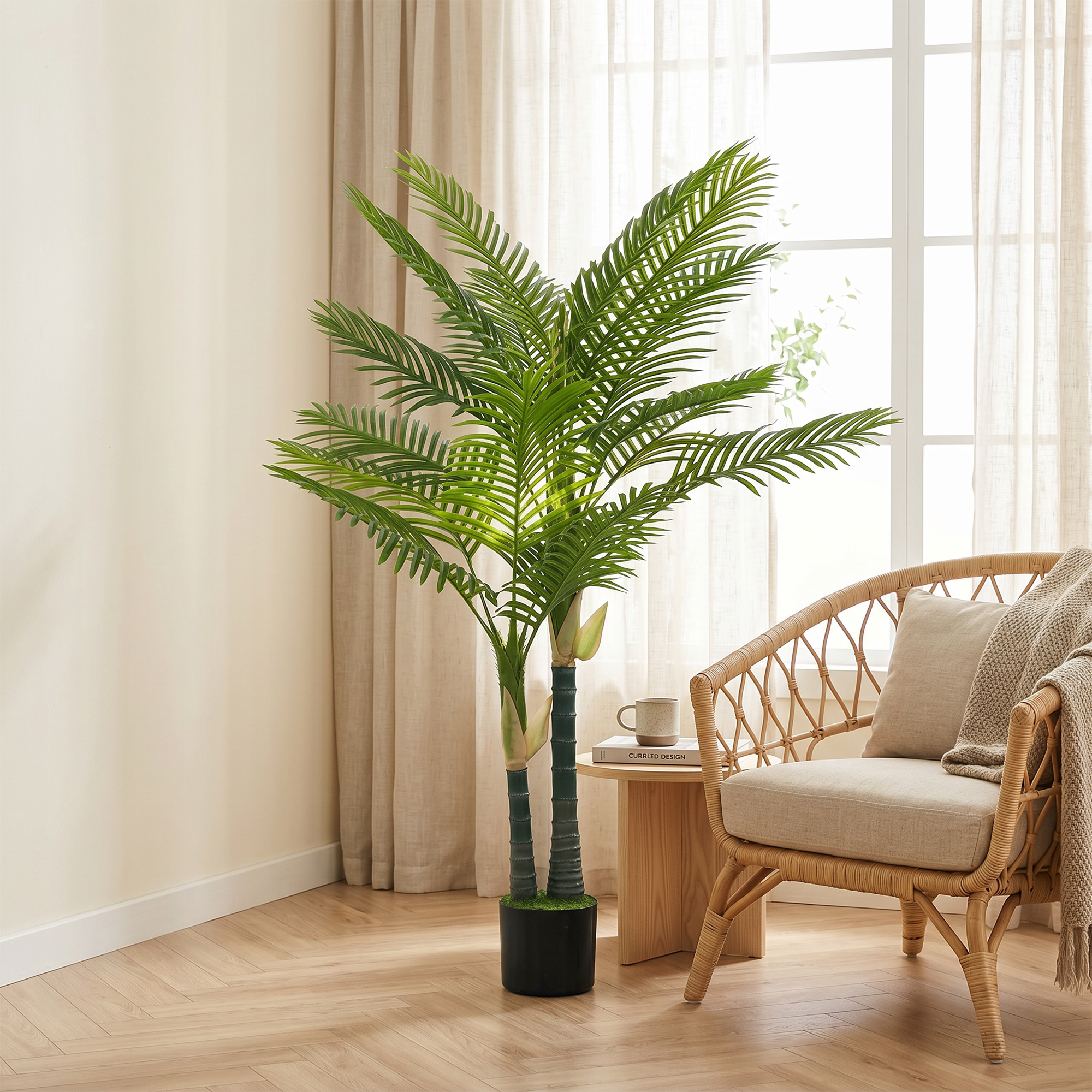 Künstliche Palme 150cm Kunstpalme mit 16 Palmenwedel Groß Kunstpflanze im Topf für Wohnzimmer Balkon Dekoration Grün