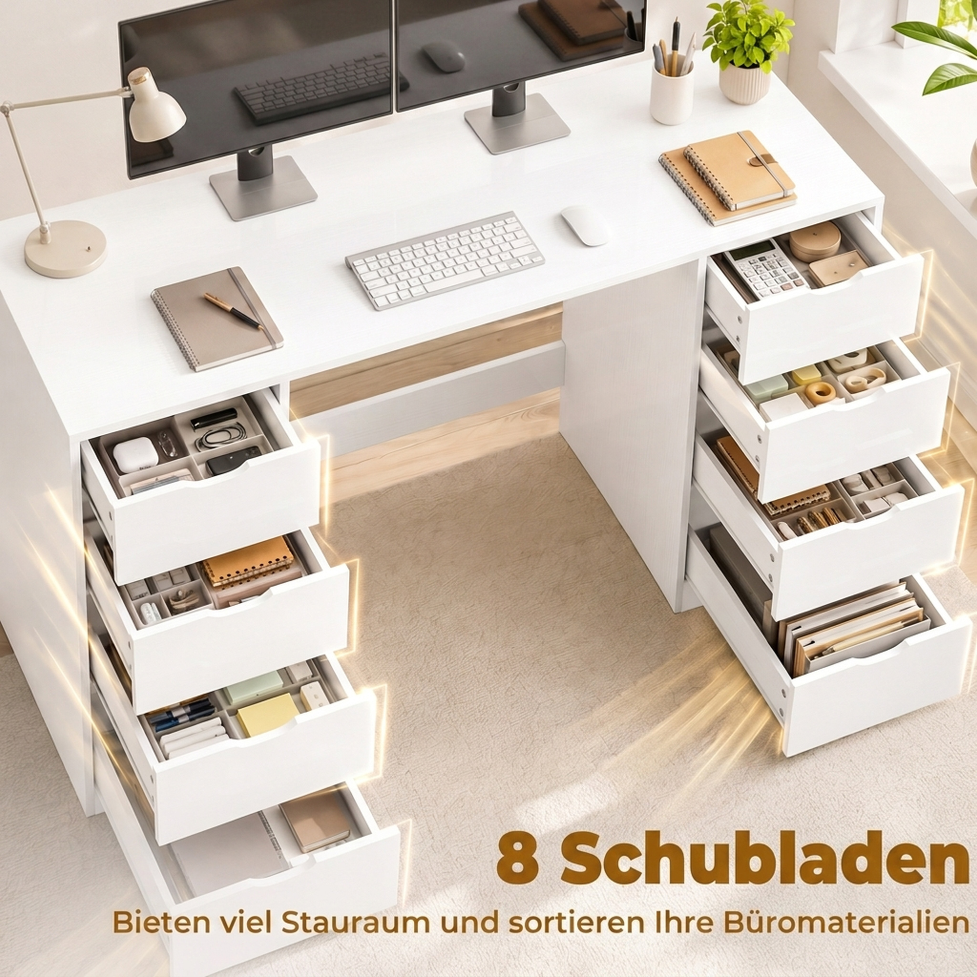 Schreibtisch 140 cm mit 8 Schubladen, moderner Bürotisch mit Stauraum, weiße Holzoptik