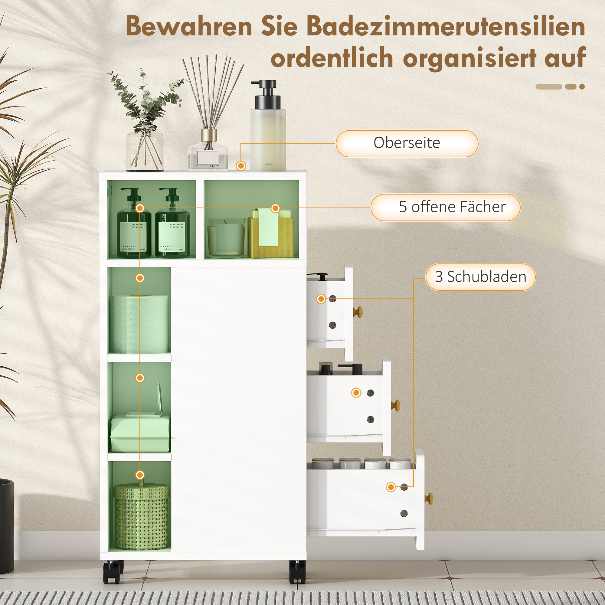Badezimmerschrank Schmal, Badschrank mit 4 Rollen, 3 Schubladen, 5 offenen Fächern, 20x40x80cm, Weiß