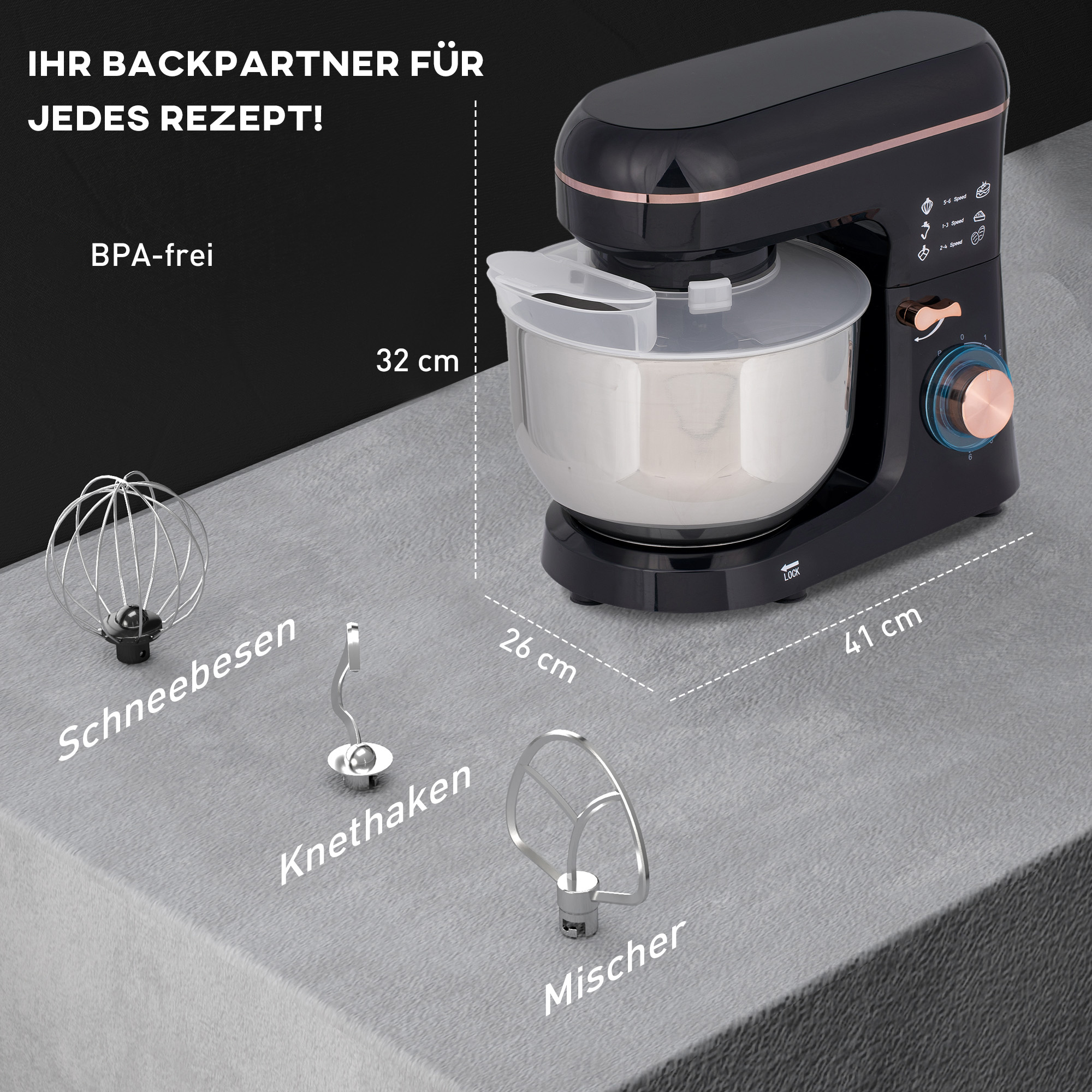 Standmixer, Küchenmaschine, Rührgerät, 6 Stufen, 5,5L Edelstahlschüssel, Schwarz
