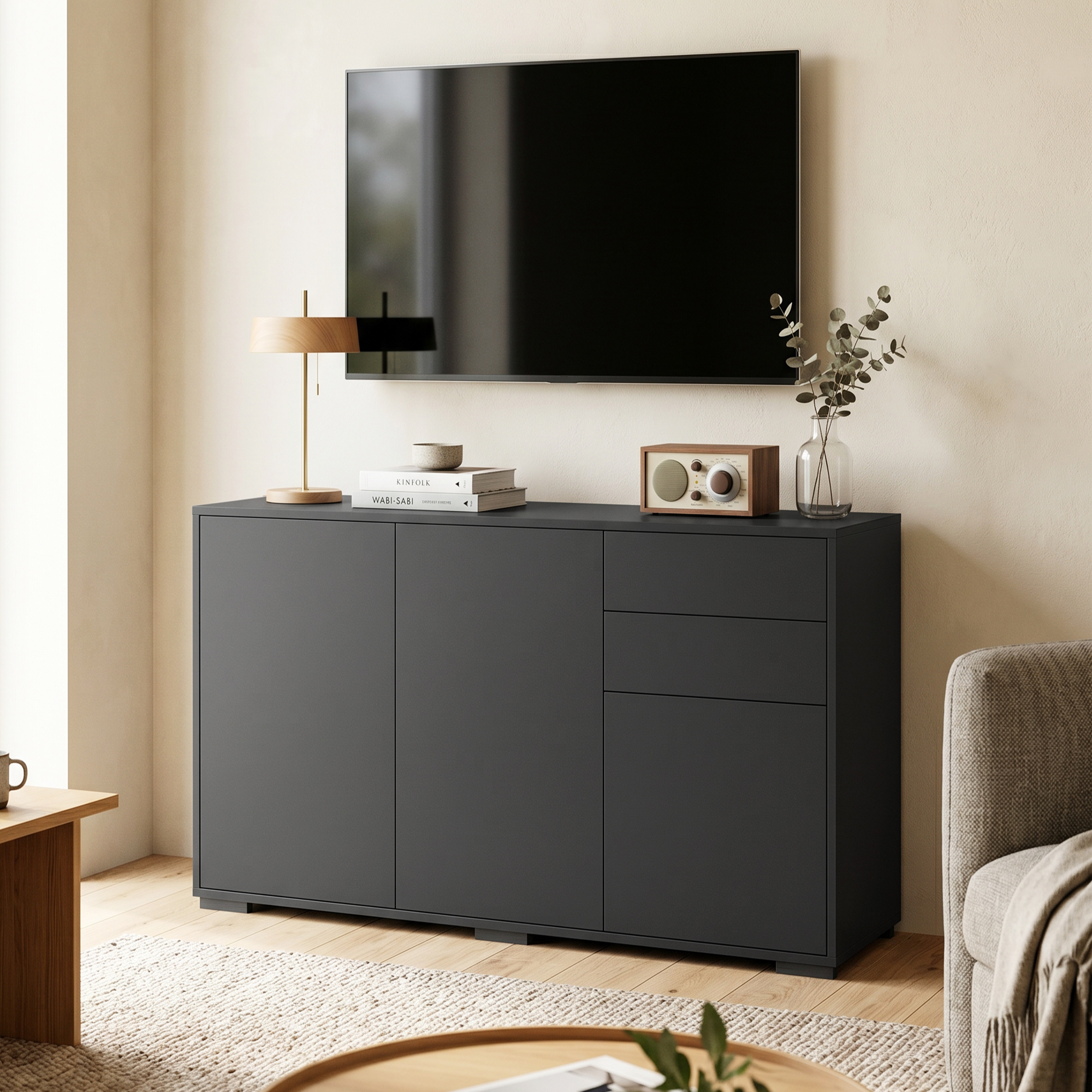 Sideboard Kommode Anrichte, 2 Schubladen, Push-Click, 117 cm x 36 cm x 74 cm, Schwarz
