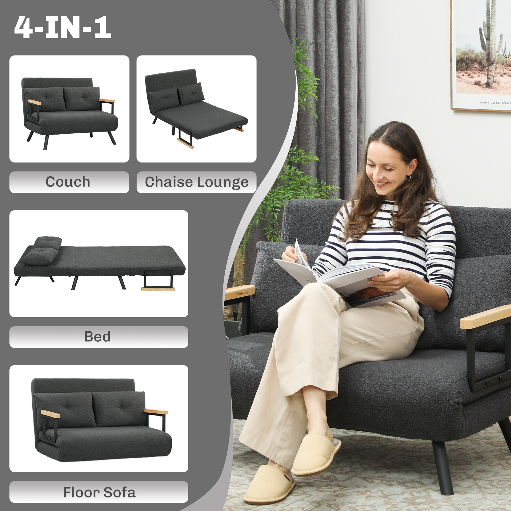 Schlafsofa 2er-Sofa mit Schlaffunktion, inkl. 2 Kissen, Sherpa-Optik, Natur + Dunkelgrau + Schwarz