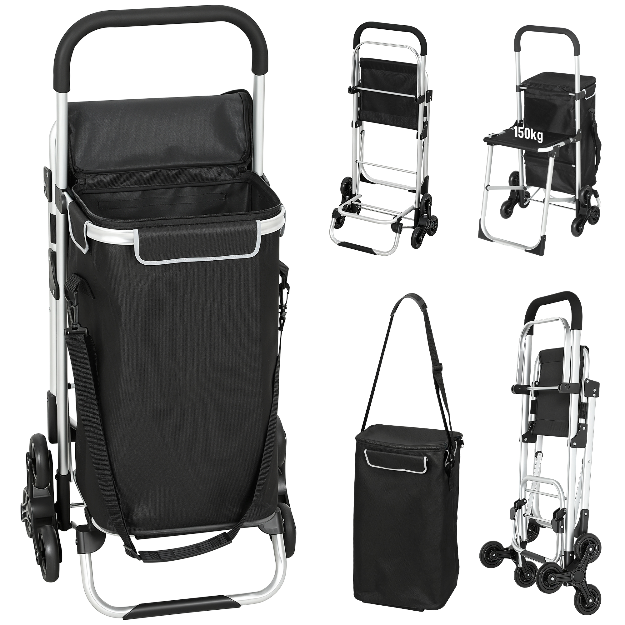 Einkaufstrolley, 40 L Oxford-Tasche, 3-Rad-Design, Aluminiumrahmen, Sitz, Grau Einkaufstrolley, 40 L Oxford-Tasche, 3-Rad-Design, Aluminiumrahmen, Sitz, Grau