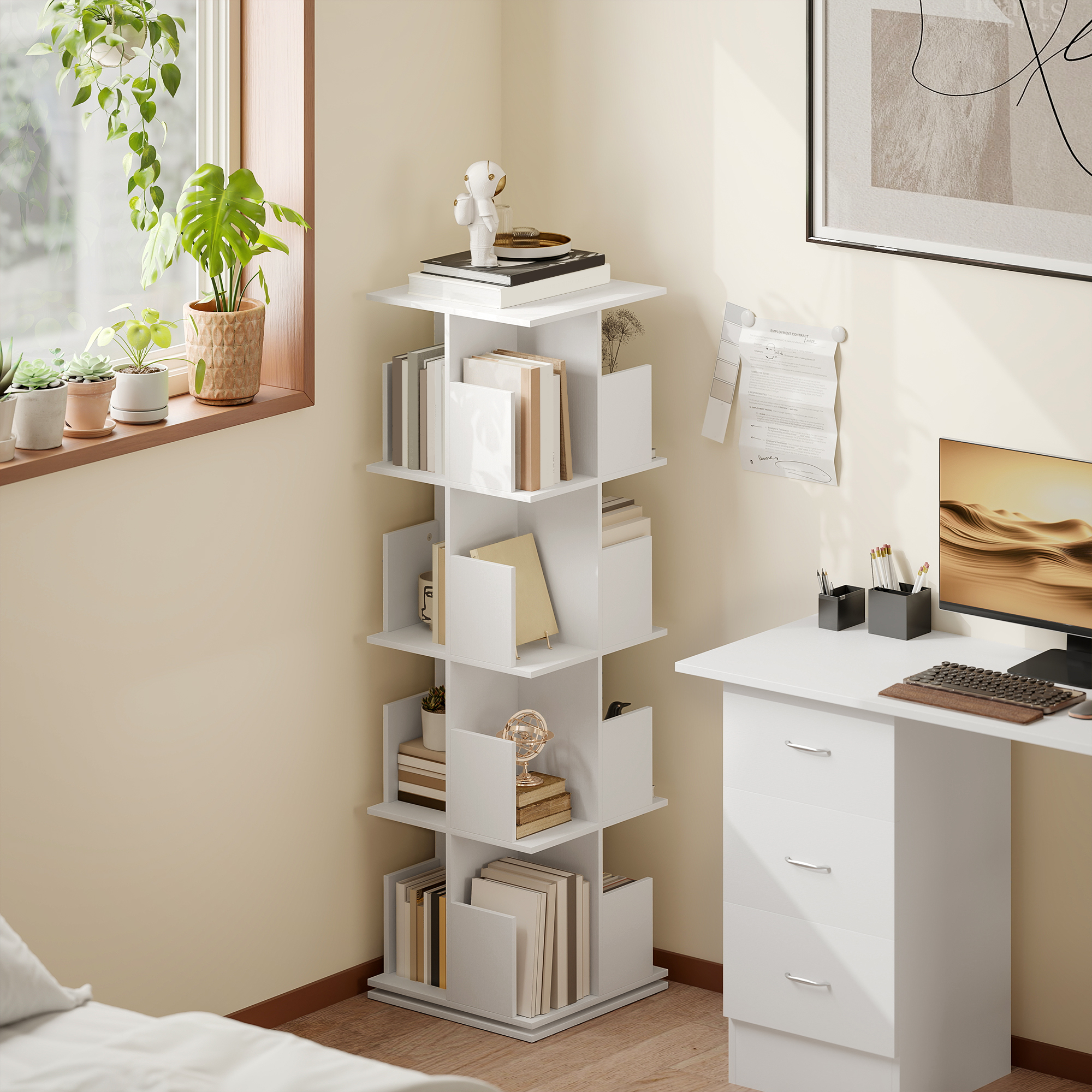 drehbares Bücherregal mit 4 Ebenen, 16 Fächer, leicht zugänglich, für Schlafzimmer, Wohnzimmer, Arbeitszimmer, Spanplatte, Weiß