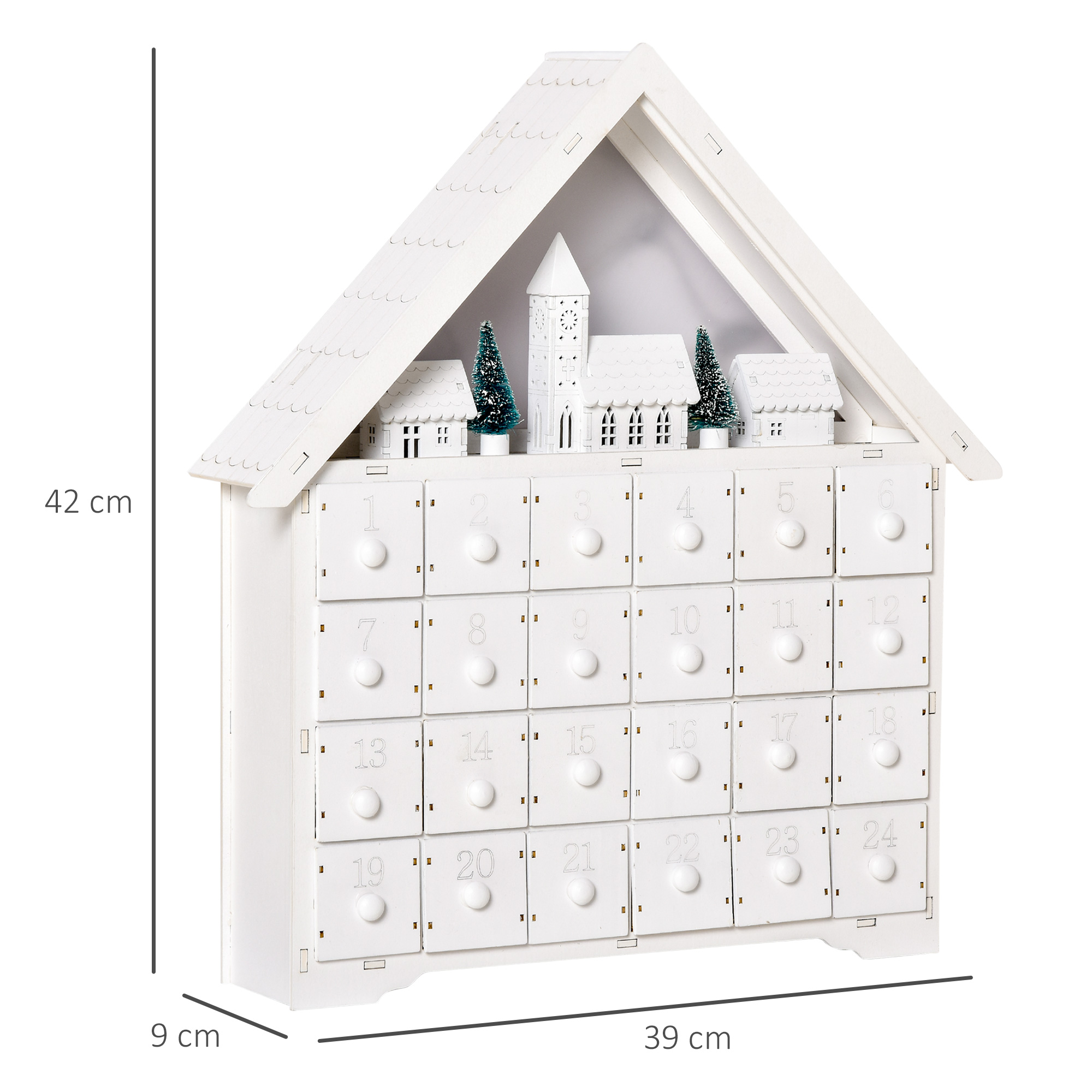 Adventskalender Weichnachtsdekoration Weihnachtsdeko, 24 Schubladen, LED-Lichter, 39 cm x 9 cm x 42 cm, Weiß + Grün