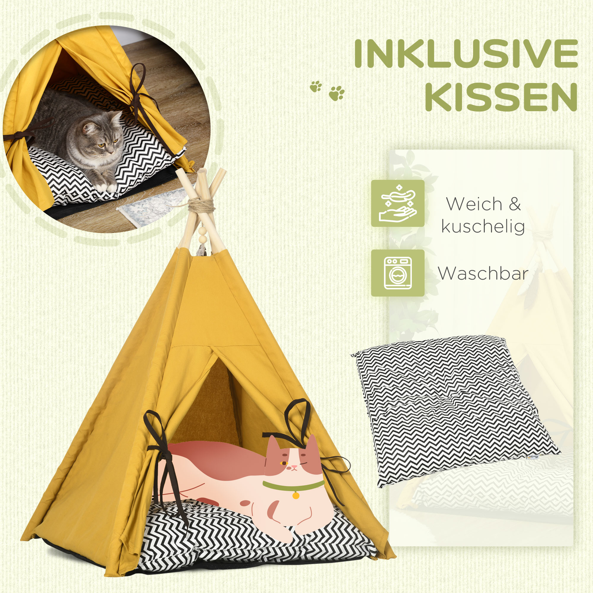 Tierbett, drolliges Tipi-Design, mit weichem Liegekissen, Bodenmatte, für Hunde und Katzen, 60 x 60 x 76 cm