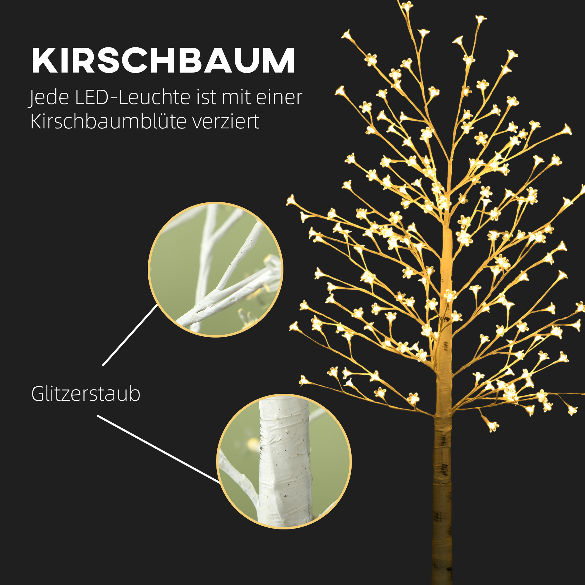 Kunstbaum, Kunstbirke, mit 180 LEDs, 3 Helligkeitsstufen, warmweiß, realistische Rinde, 21,5 x 21,5 x 180 cm