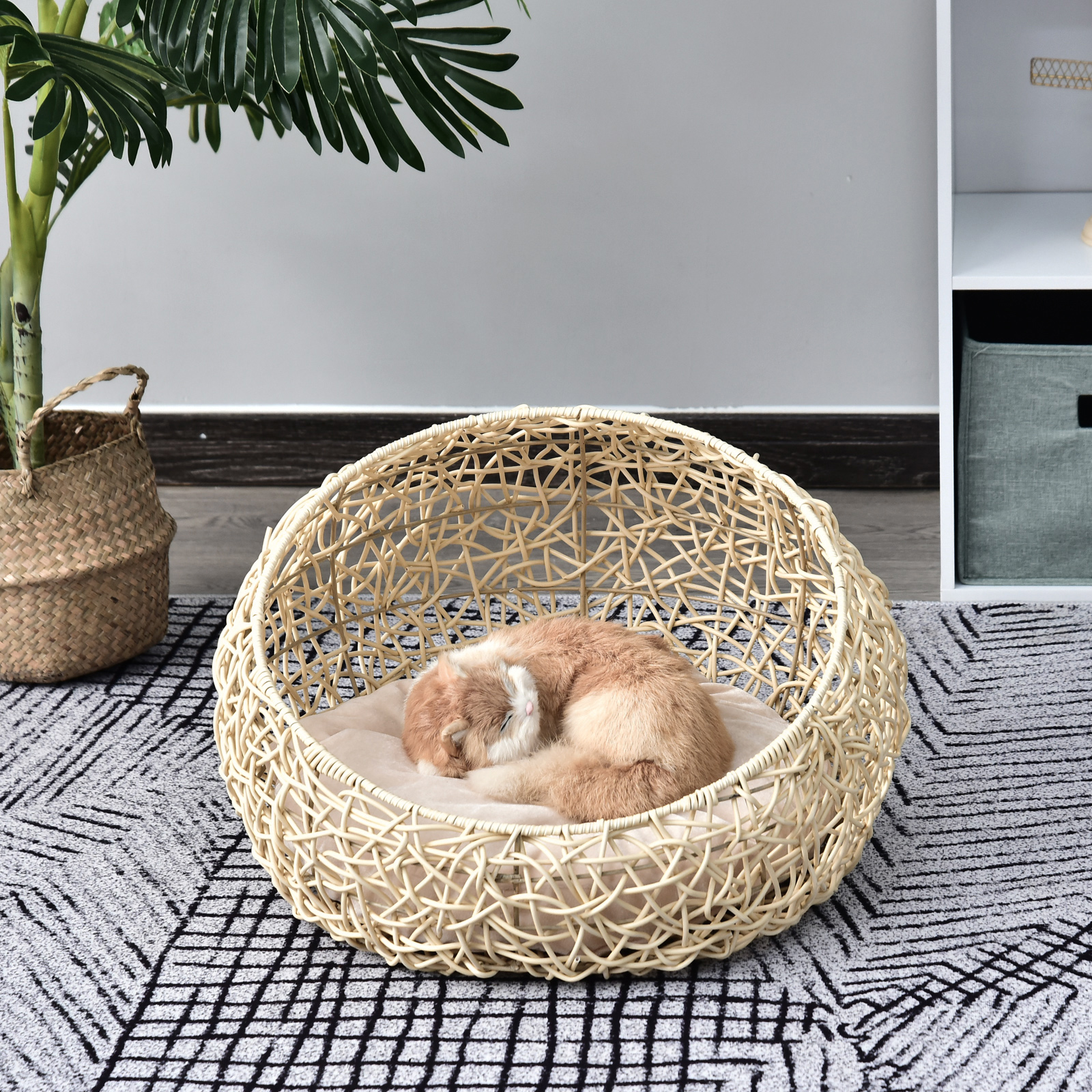 Rattan Katzenhöhle Katzenbett Katzenhaus mit Kissen Katzenzelt Haustierhaus für Katzen Hunde Beige Ø56 x 35 cm