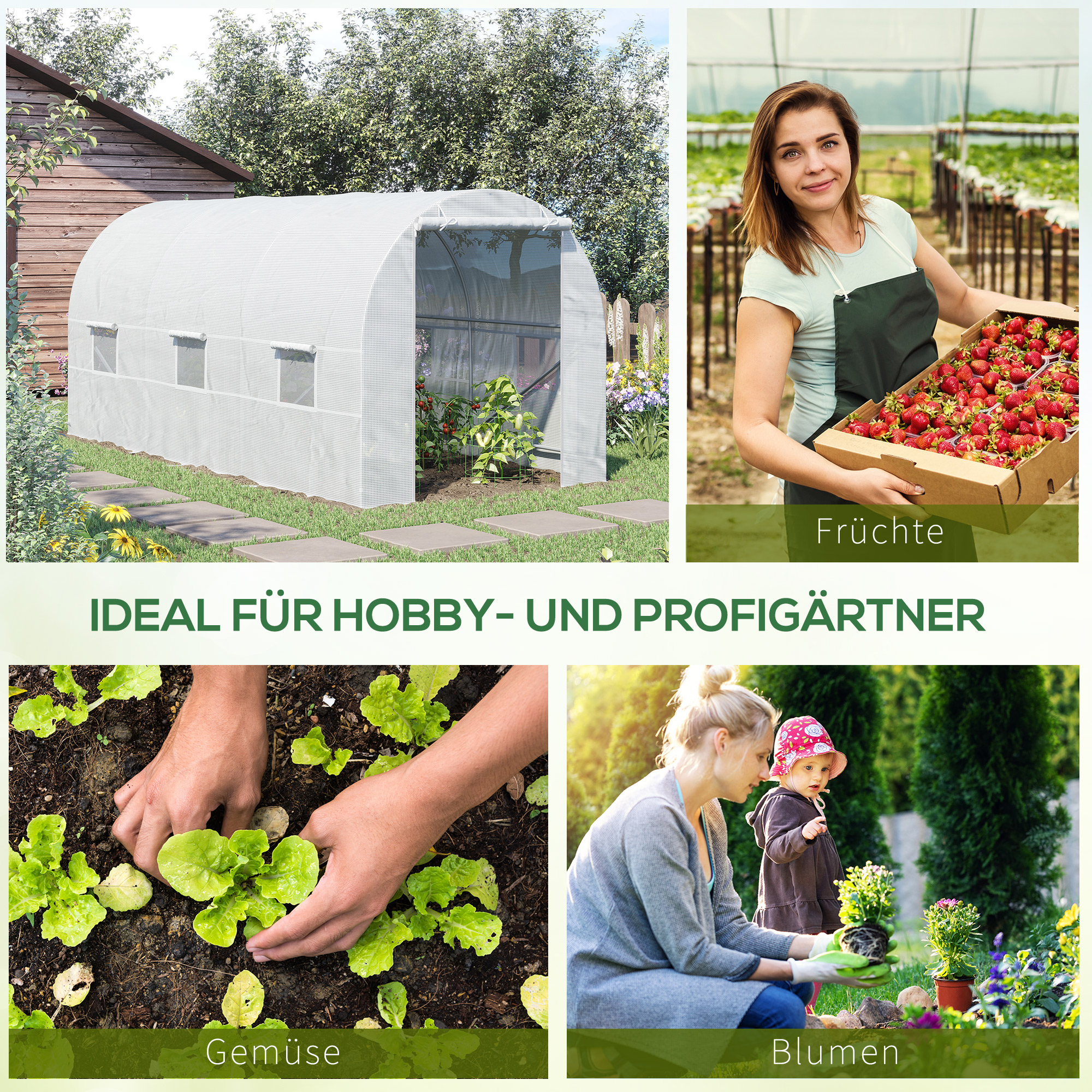 Foliengewächshaus Treibhaus begehbar mit Metallrahmen 4,45 x 2 x 2m Weiß