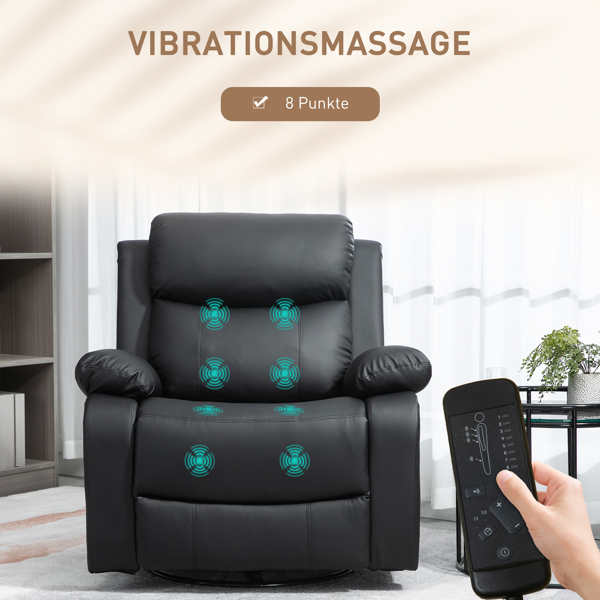 Massagesessel mit 8 Vibrationsköpfen, Relaxsessel, verstellbare Rückenlehne + Fußstütze, Schwarz