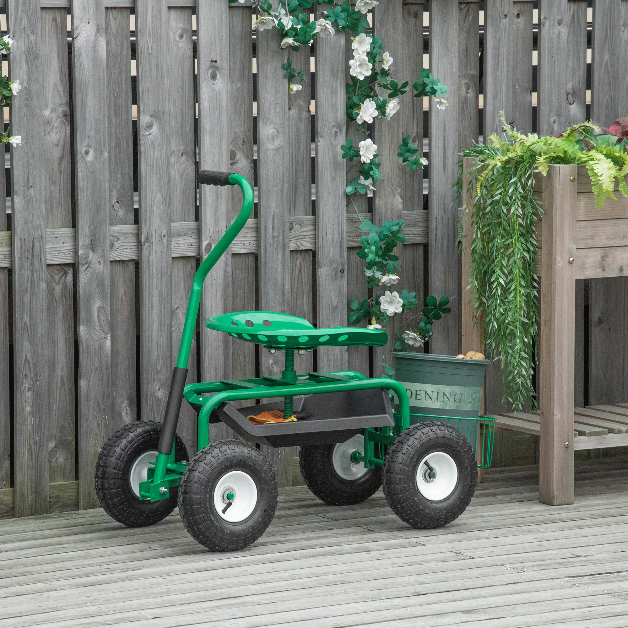 Gartenwagen mit Rollsitz bis 150 kg mit Ablage Korb für kleine Gartengeräte Werkstattwagen fahrbar Gartensitz Richtung steuerbar Sitzhöhe 46-59 cm höhenverstellbar Metall Gummi Grün