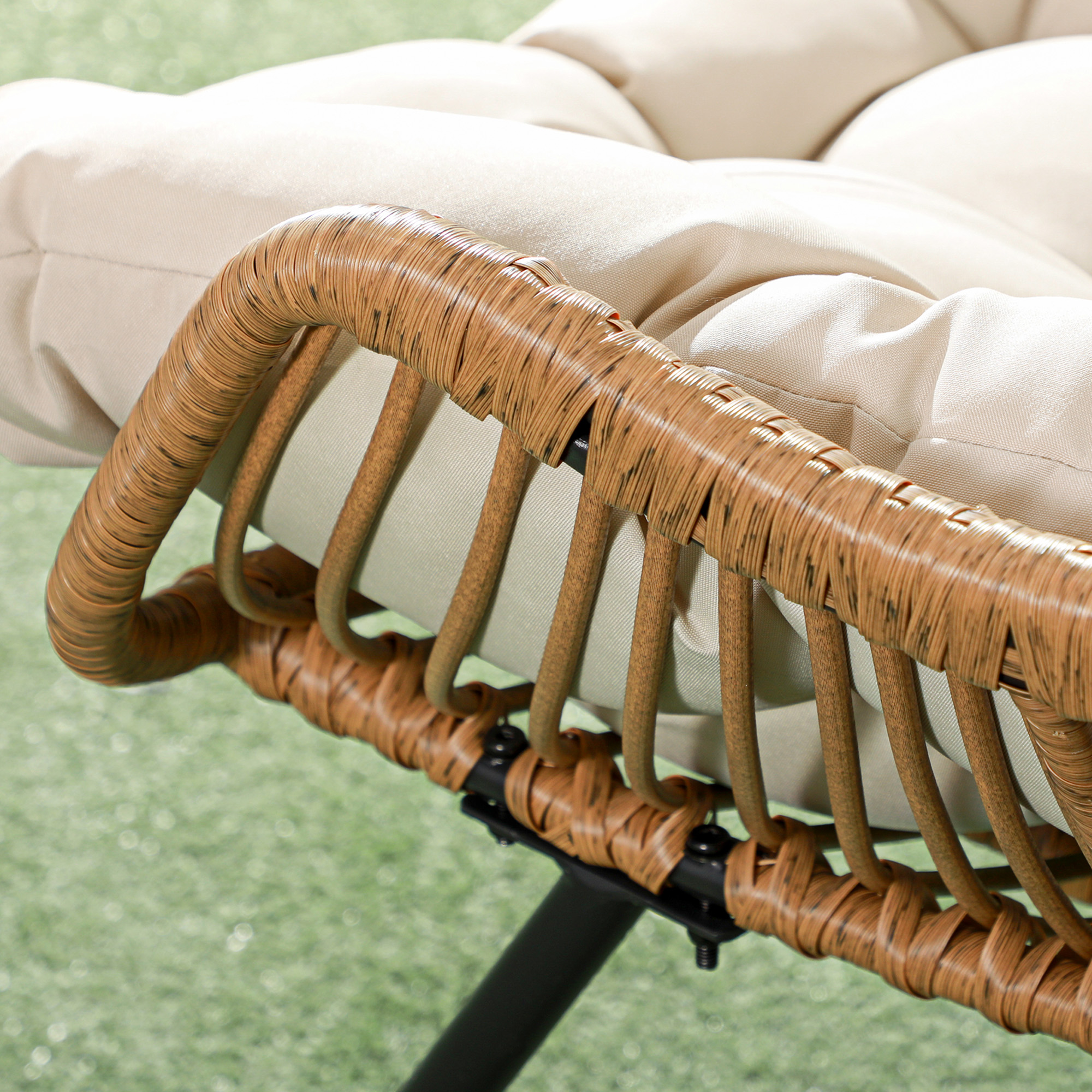 Garten Lounge, Rattanoptik, Outdoor Sessel, mit Auflage, Metallrahmen, 75x101x90 cm, Natur/Khaki/Schwarz