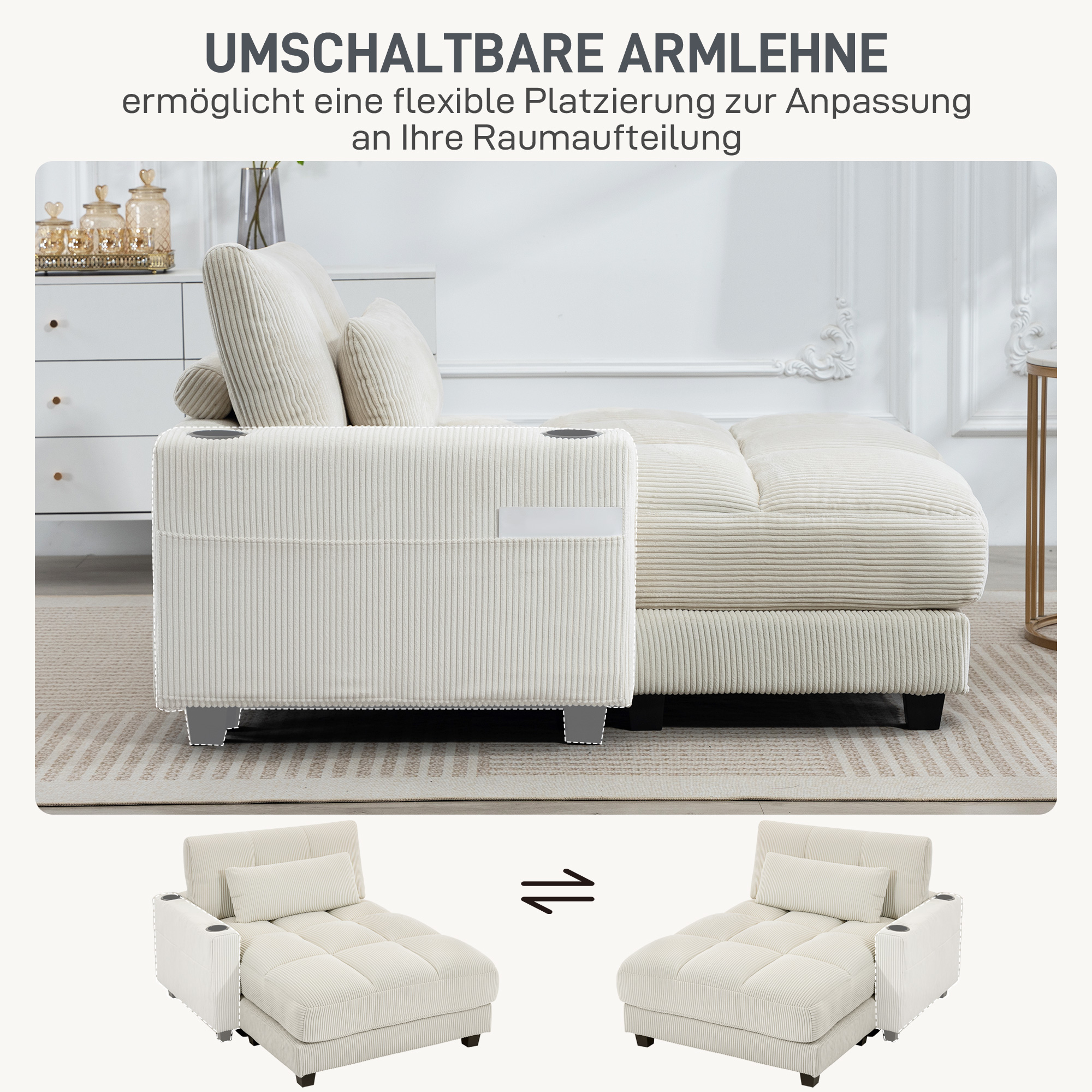 Sofa-Bett mit Kissen, Schaumstoff, zum Bett umwandelbar, Becherhalter,  Cremeweiß