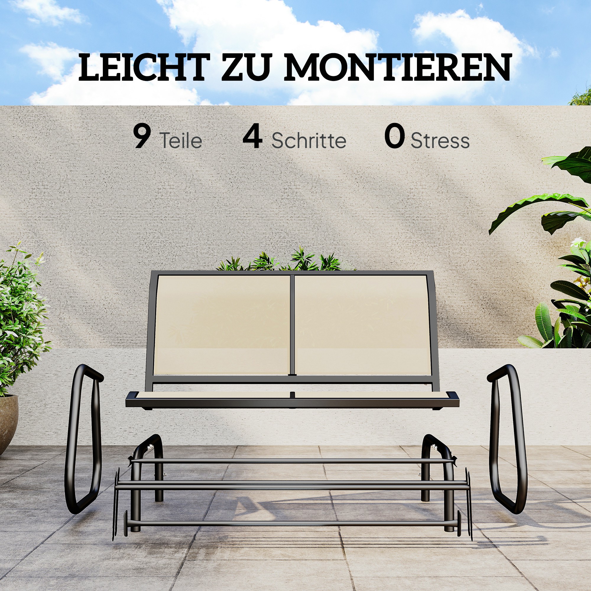 2-Sitzer Schaukelstuhl Gartenbank mit Schaukelmechanismus Gartenschaukel Sitzbank aus Metall Parkbank bis 200 kg belastbar Gartenmöbel für Garten, Terrasse, 120 x 70 x 85 cm Schwarz+Beige