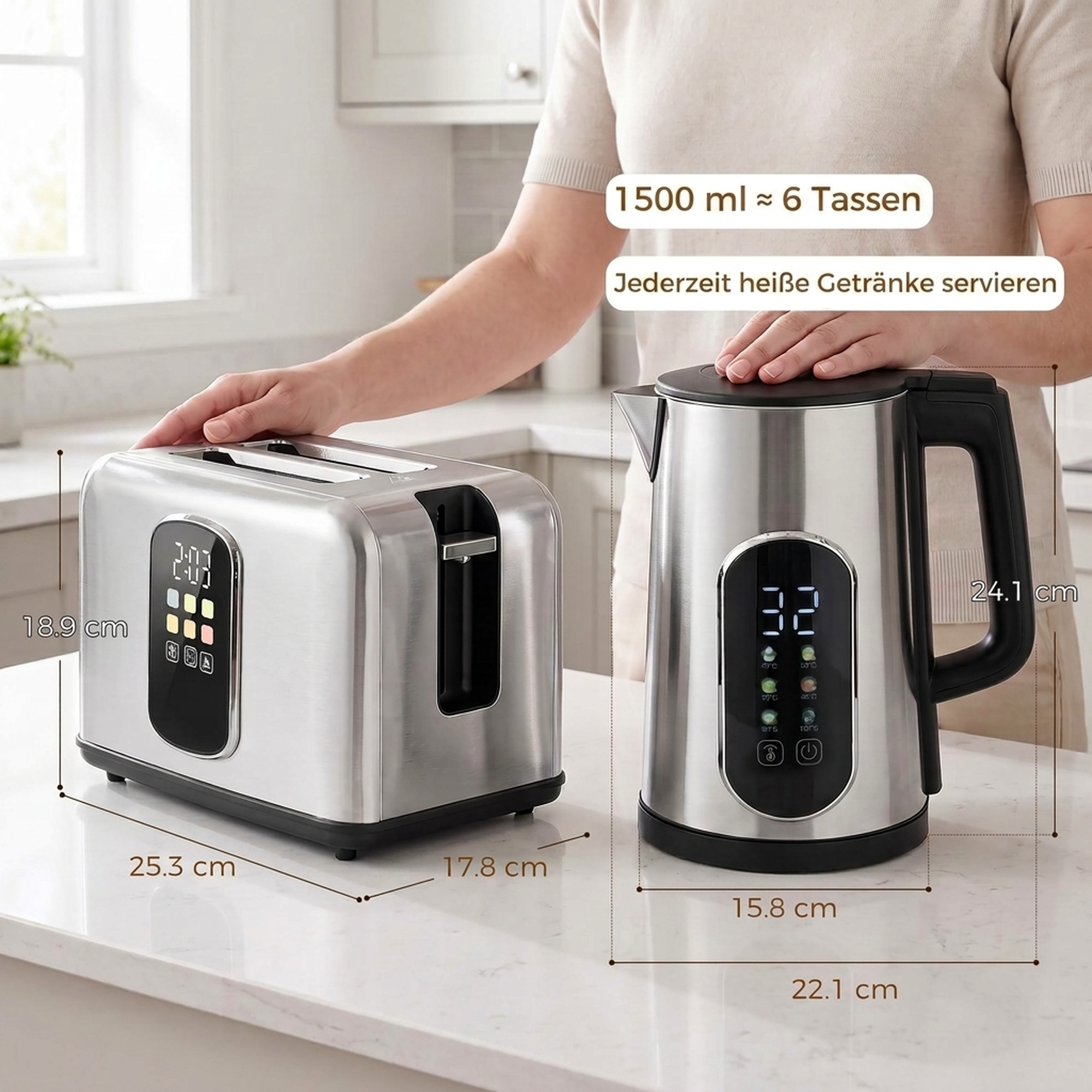 1,5-l-Wasserkocher, 2200 W, mit LED-Touchscreen, 2-Scheiben-Toaster mit 6 Bräunungsstufen, Silber
