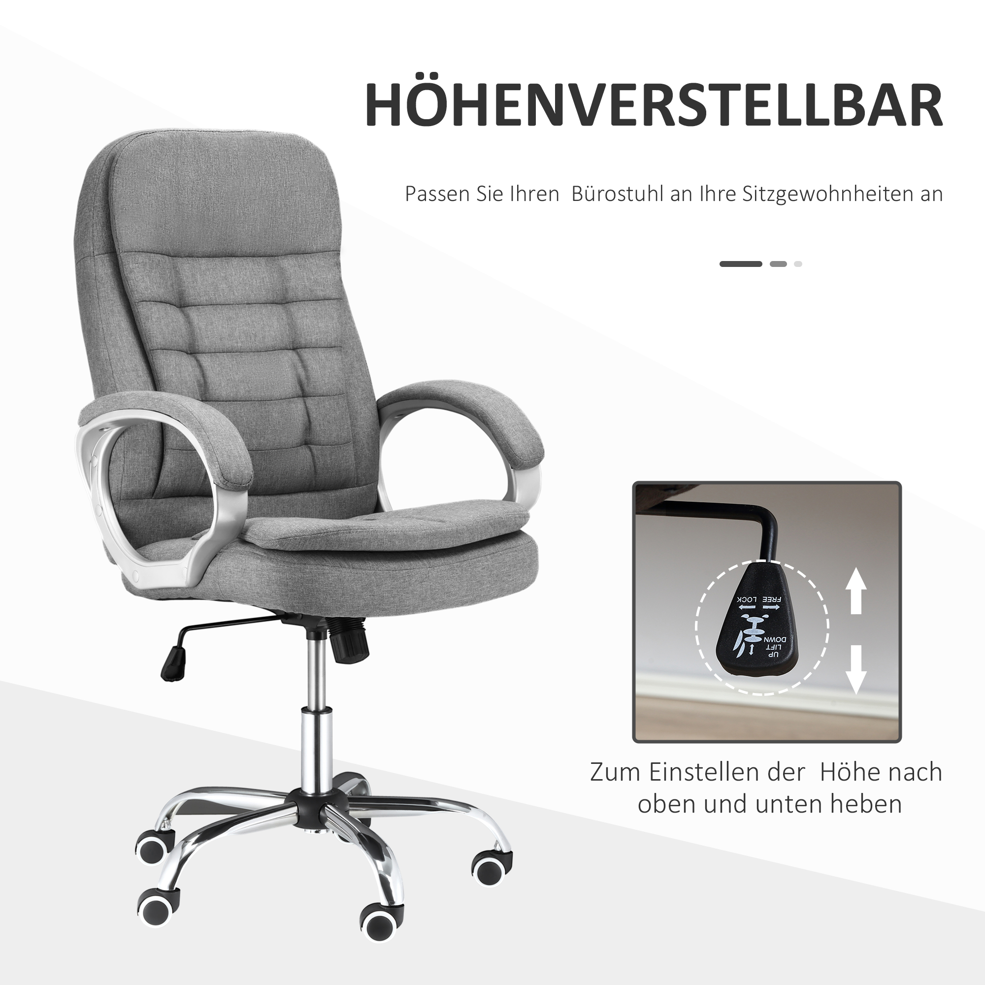 Bürostuhl Arbeitsstuhl Schreibtischstuhl Drehstuhl 360° Ergonomisch Wippfunktion Höhenverstellbar Grau Leinen 64 x 75 x 111-121 cm