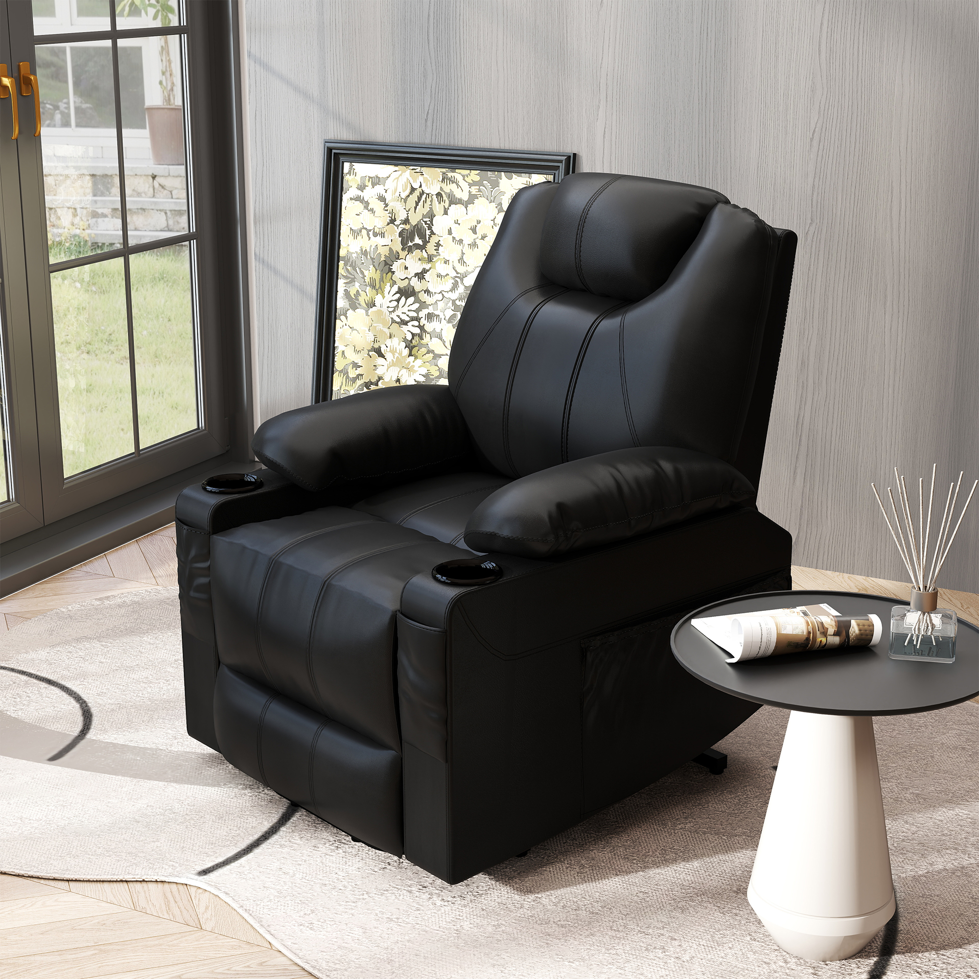 Aufstehsessel, Massagesessel, neigbare Rücklehne, 8 Massagemodi, elegantes Kunstleder, schwarz, 88 x 99 x 106cm