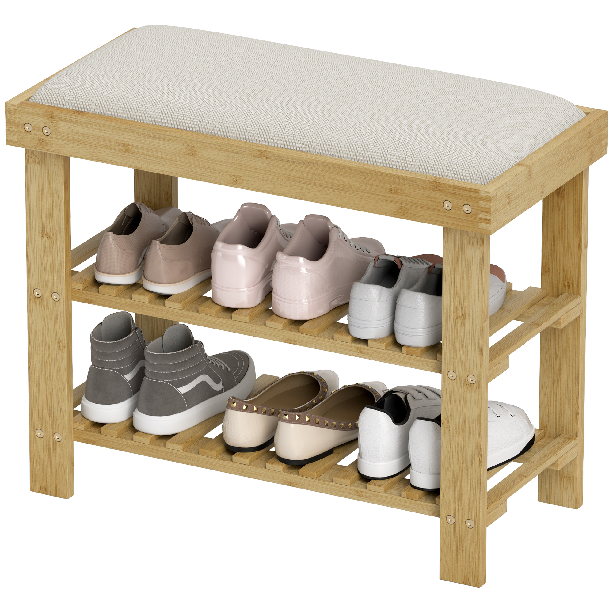 Schuhbank mit Sitzfläche, Bambus Sitzbank mit Stauraum, 2 offene Fächer, Sitzbank 60 x 29 x 49 cm Cremeweiß Schuhbank mit Sitzfläche, Bambus Sitzbank mit Stauraum, 2 offene Fächer, Sitzbank 60 x 29 x 49 cm Cremeweiß