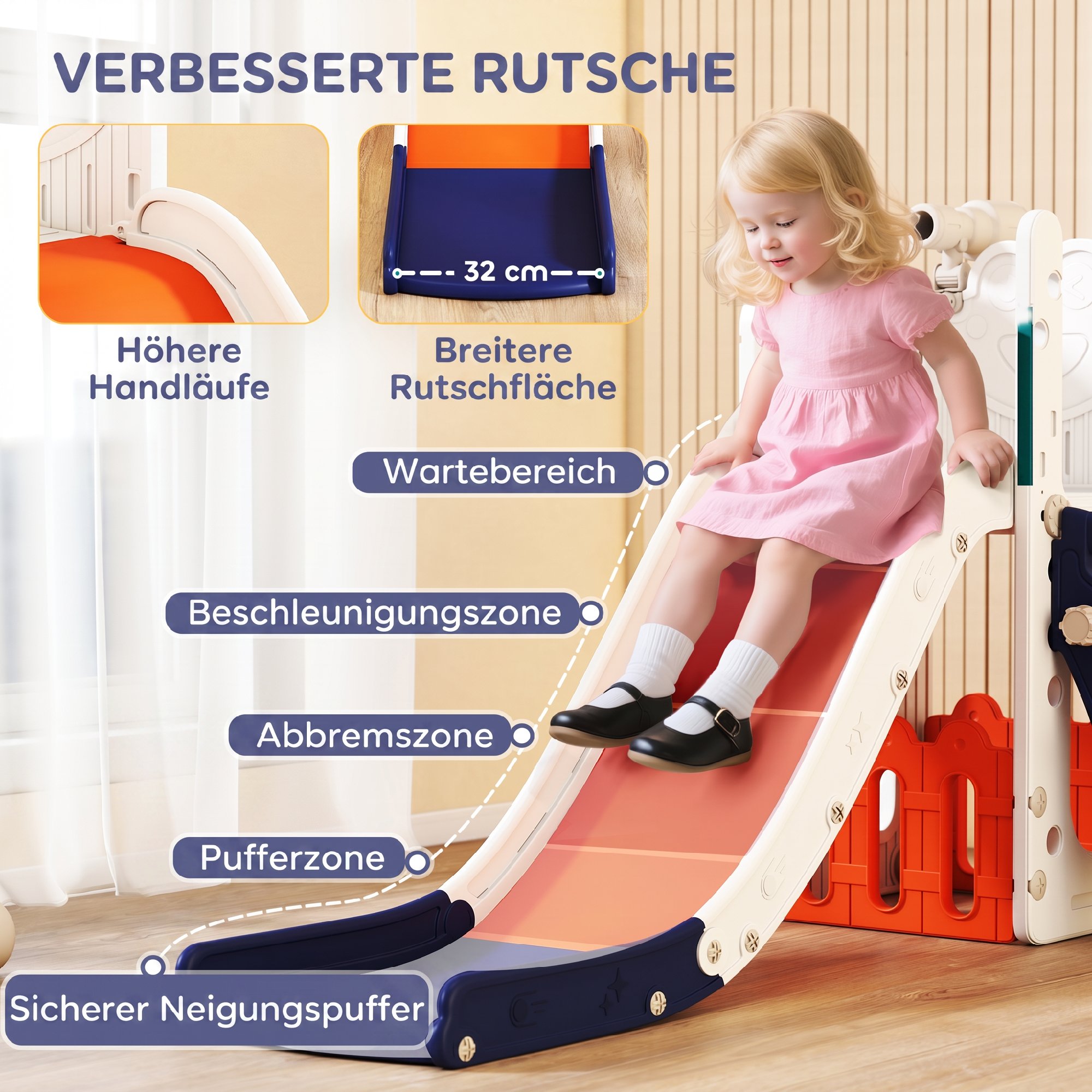 5-in-1 Kinderrutschenset, Teleskop, Basketballkorb, Kunststoff, Orange+Dunkelblau