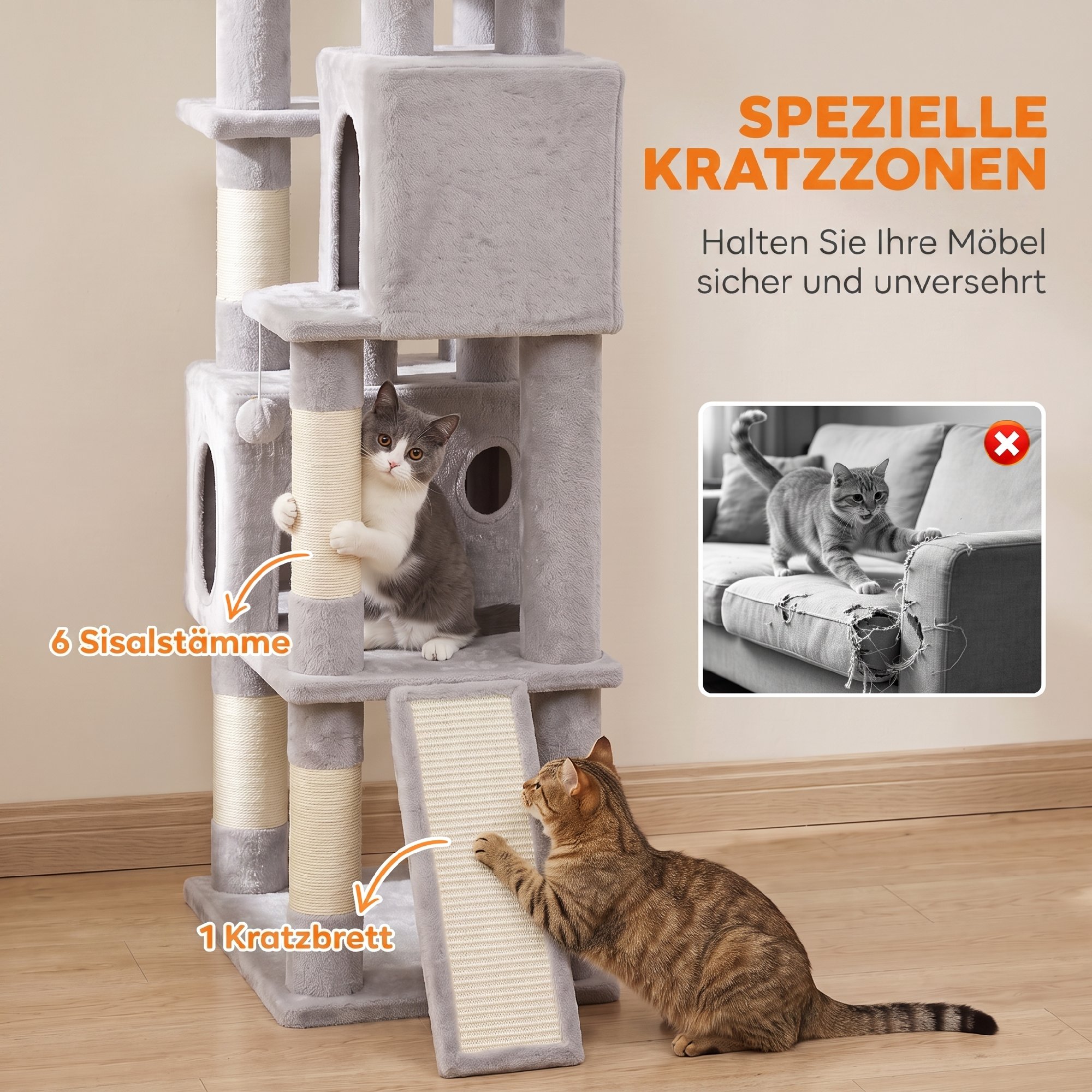 Kratzbaum groß, 200 cm hoch Katzenbaum mit 2 Betten, 3 Höhlen, Hängematte, 3 Bällen für 1-3 Katzen unter 6 kg, Hellgrau