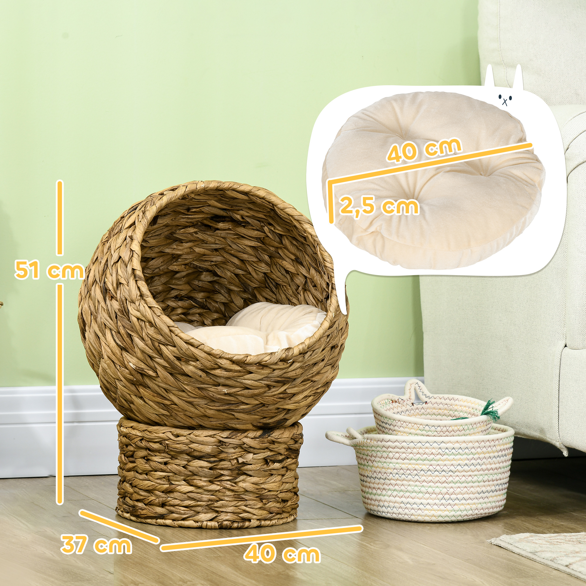 Rattan Katzenkorb Katzenhöhle Katzenhütte Katzenbett mit Kissen Haustierbett Wasserhyazinthe Braun 40 x 37 x 51 cm