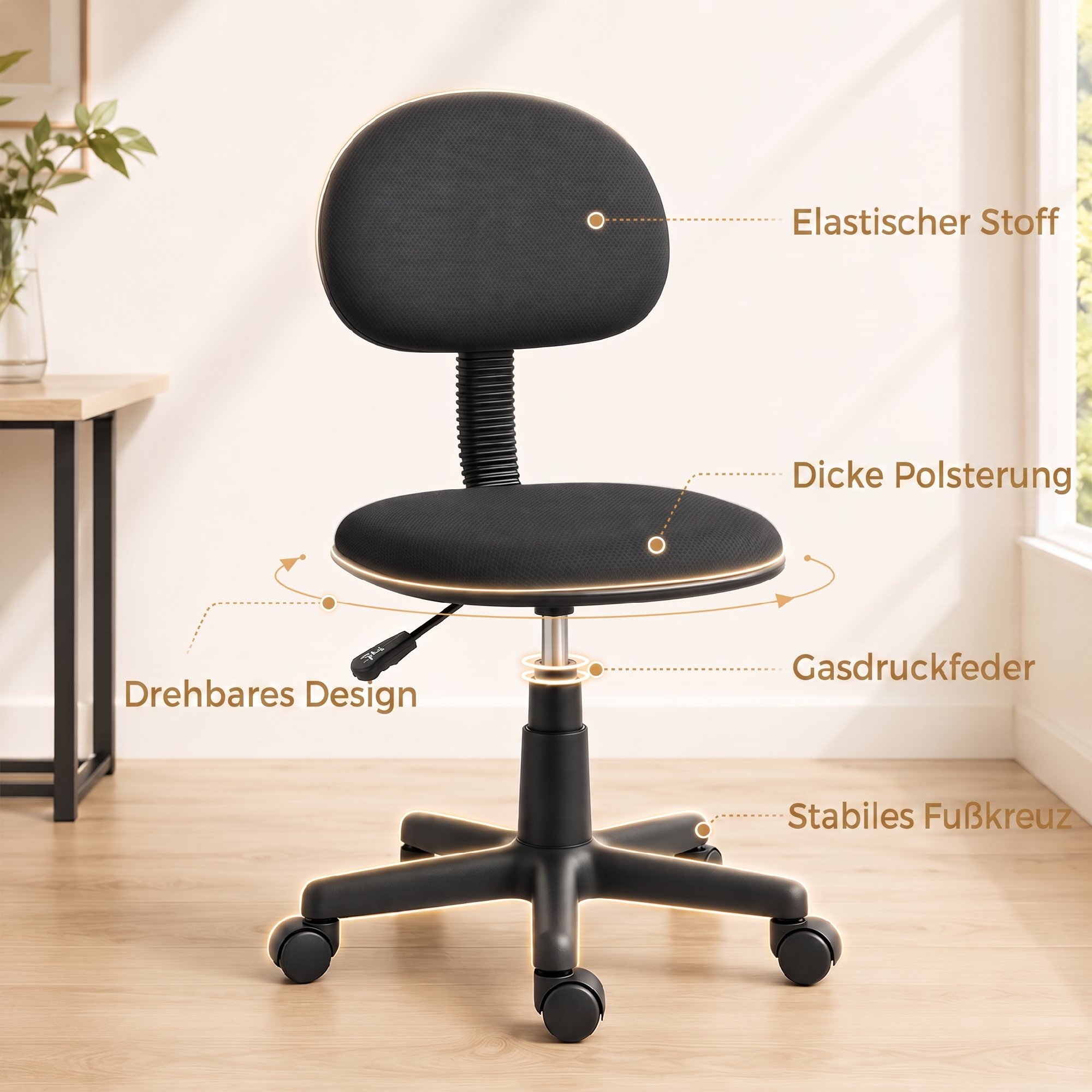 Schreibtischstuhl ohne Armlehnen, höhenverstellbar, mit 360°-Drehrollen, niedrige Rückenlehne, Schwarz